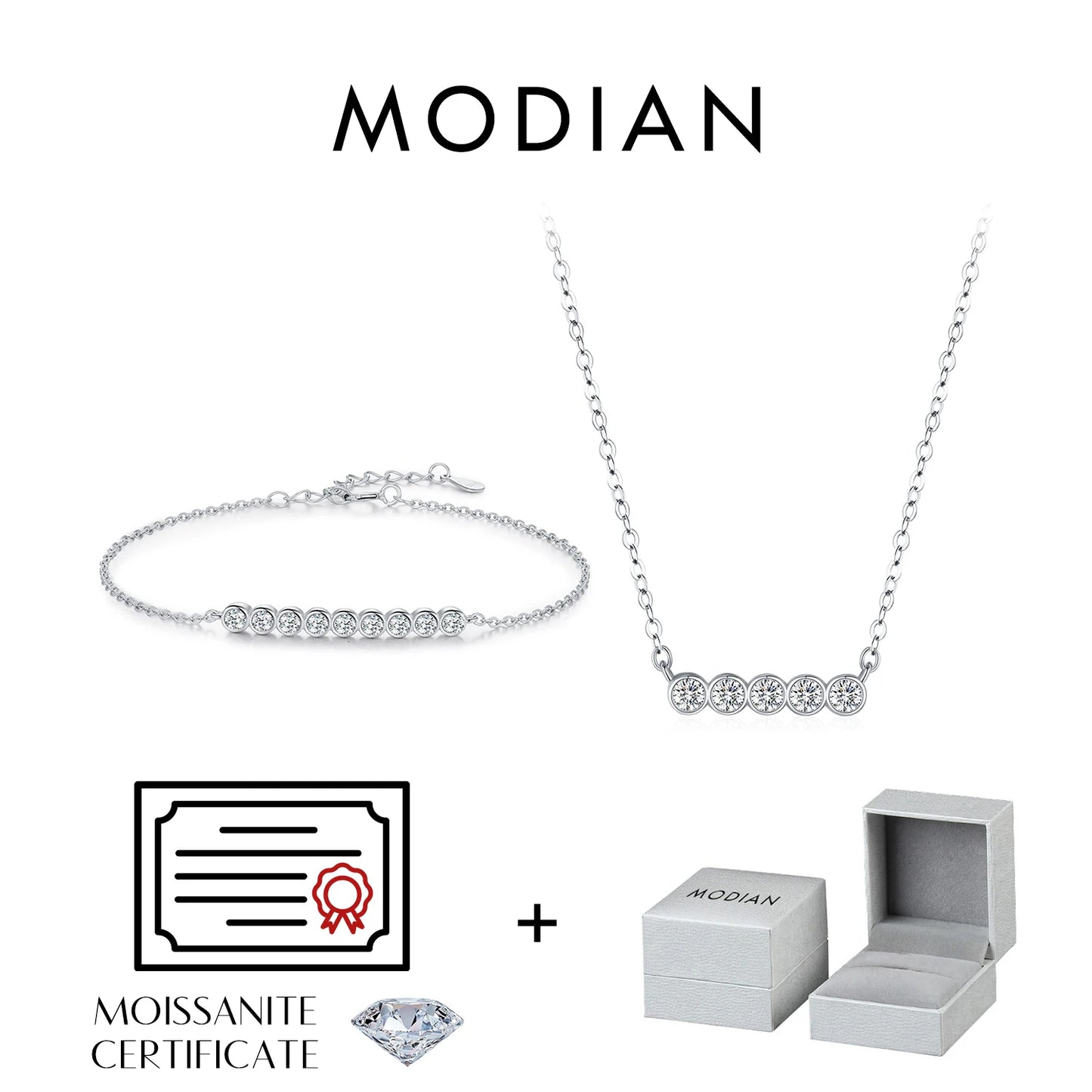 Collar con colgante de cadena de eslabones de moissanita de color D de MODIAN, plata de ley 925, moderno brazalete redondo en forma de A para mujer, conjunto de joyería fina