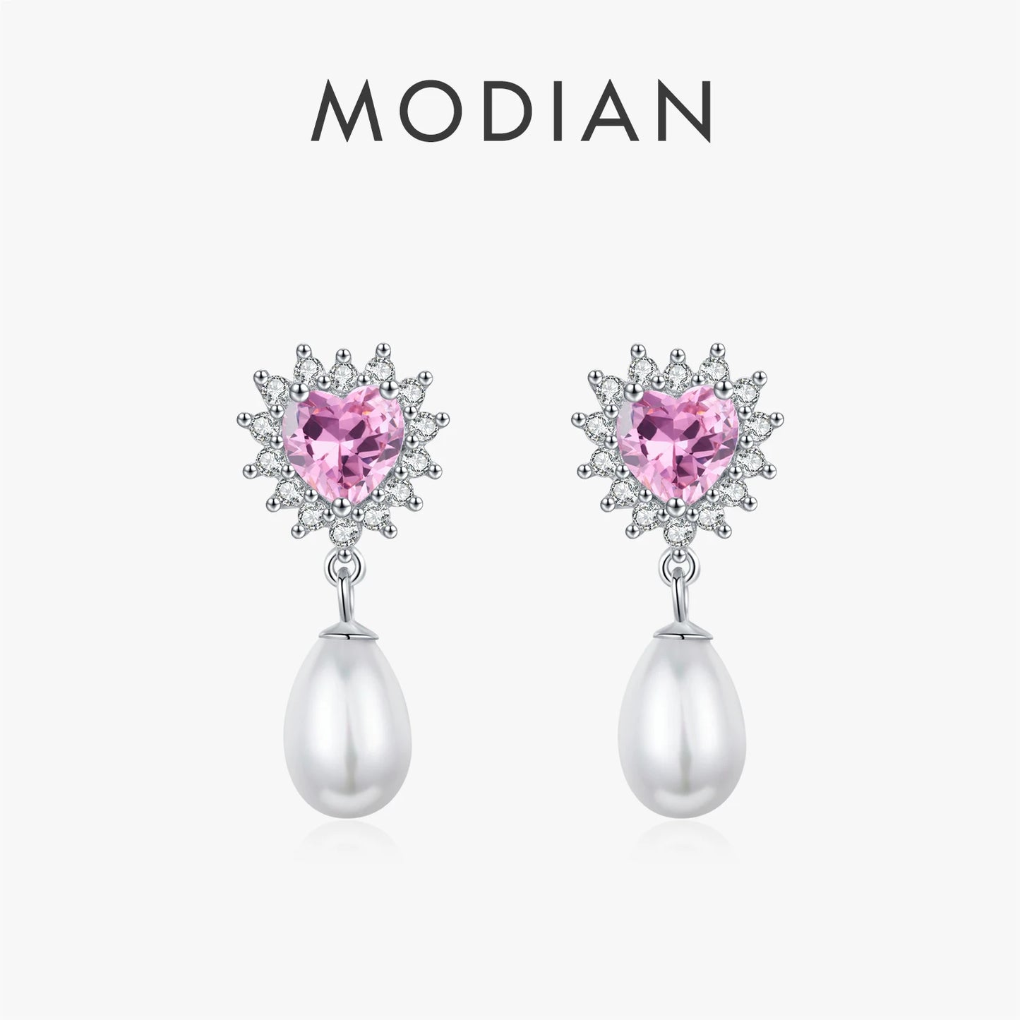 Pendientes MODIAN de plata de ley 925 con forma de corazón y circonita rosa, románticos y elegantes, con forma de concha y perla, para mujer, joyería fina.