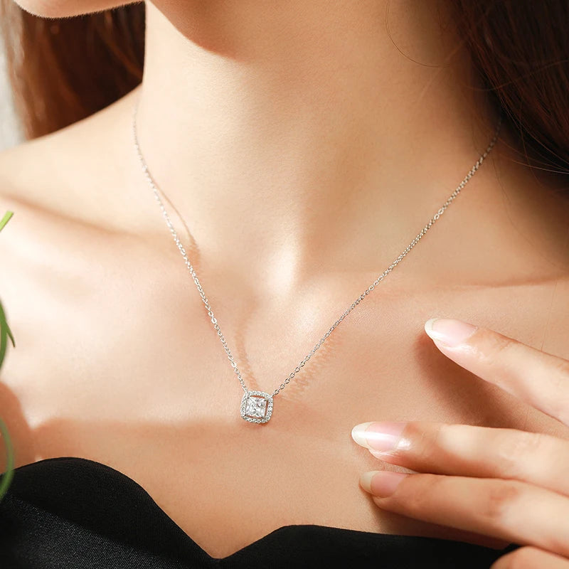 Collar Modian de plata de ley 925 auténtica con exquisito colgante cuadrado de circonita brillante y cadena de circonita transparente para mujer, joyería fina para bodas.