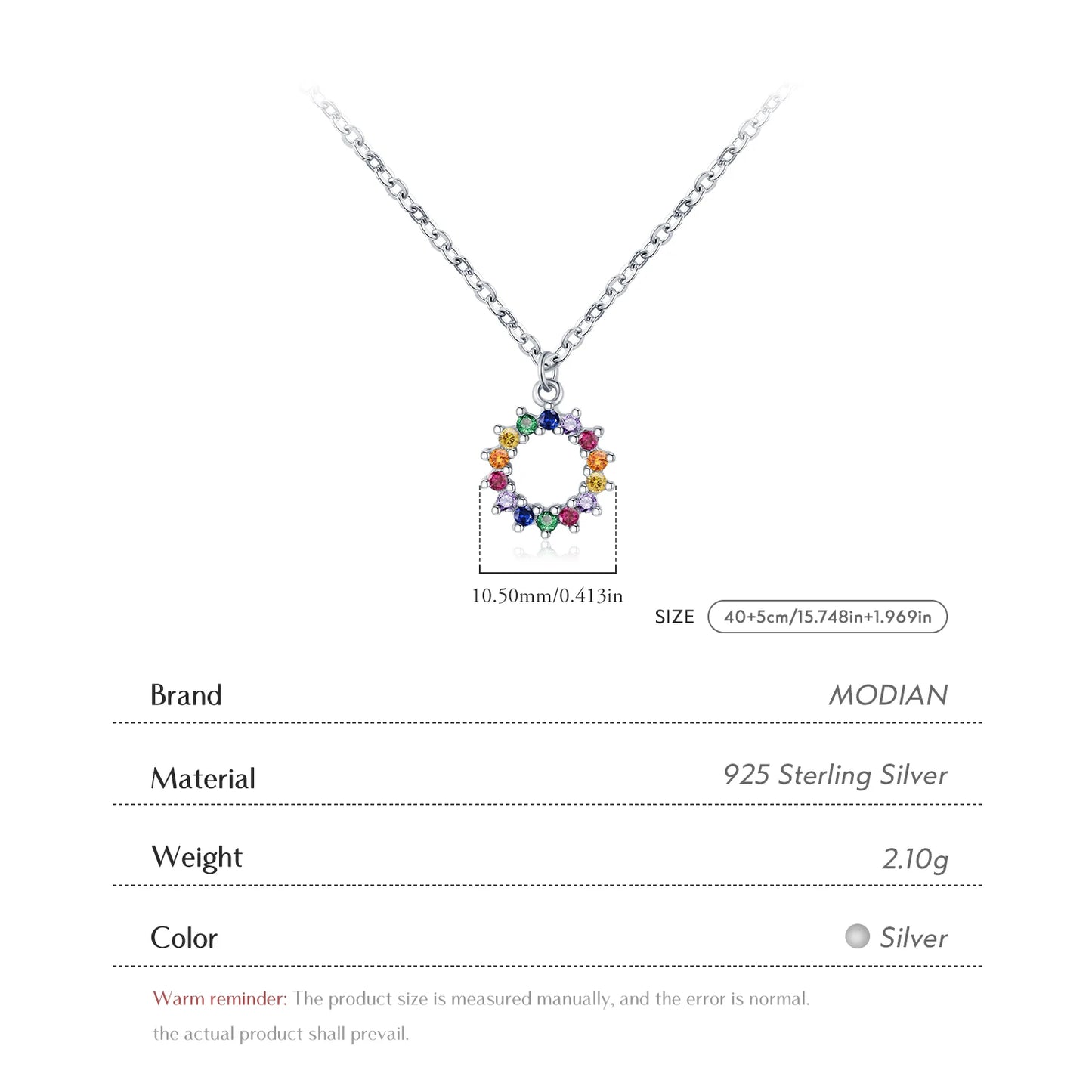 MODIAN 925 Sterling Silver Sparkling Round CZ Necklace Rainbow Color Sun Pendant Necklaces For Women Daily Fine Jewelry