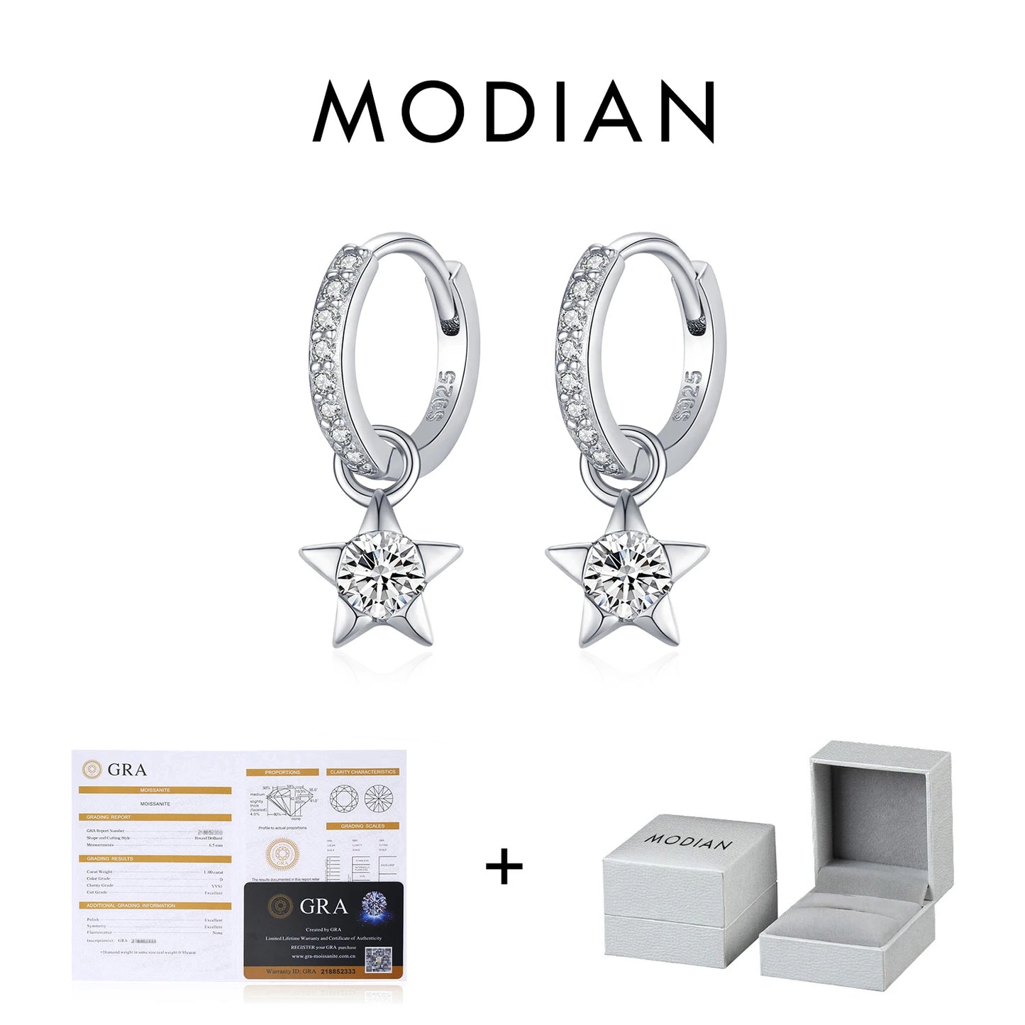MODIAN D Color Round Moissanite Ear Buckles 925 Sterling Silver Fashion Stars Hoop Earrings For Women Wedding Jewelry Gifts