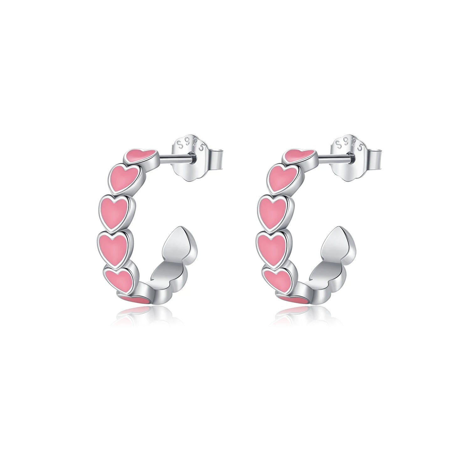 Pendientes MODIAN de plata de ley 925 con forma de C y corazones románticos, esmalte rosa, joyería de amor para mujeres y niñas.