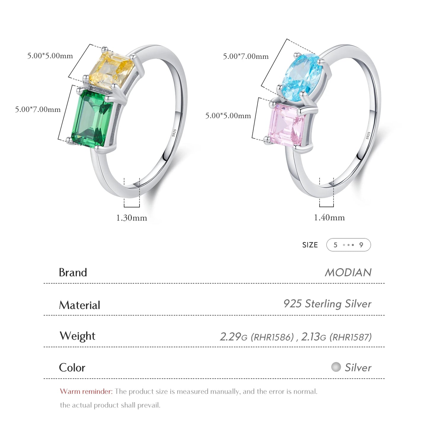 Anillo apilable MODIAN de plata de ley 925 con circonitas de colores y corte esmeralda. Joyería fina y brillante para mujer, regalo de San Valentín.