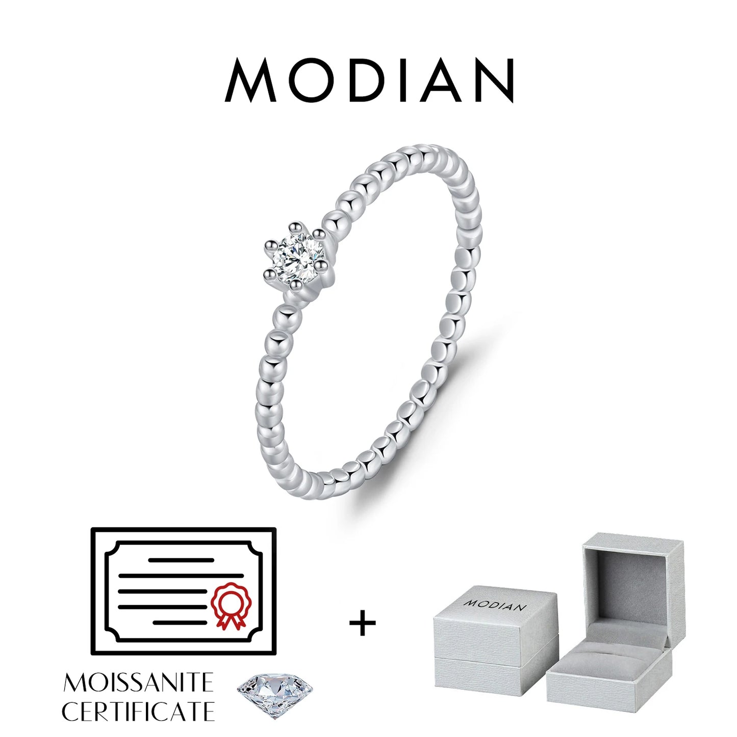 Anillos de moissanita redonda de color D de MODIAN con diamantes de laboratorio, plata de ley 925, cuentas clásicas simples, apilables, para mujer, joyería