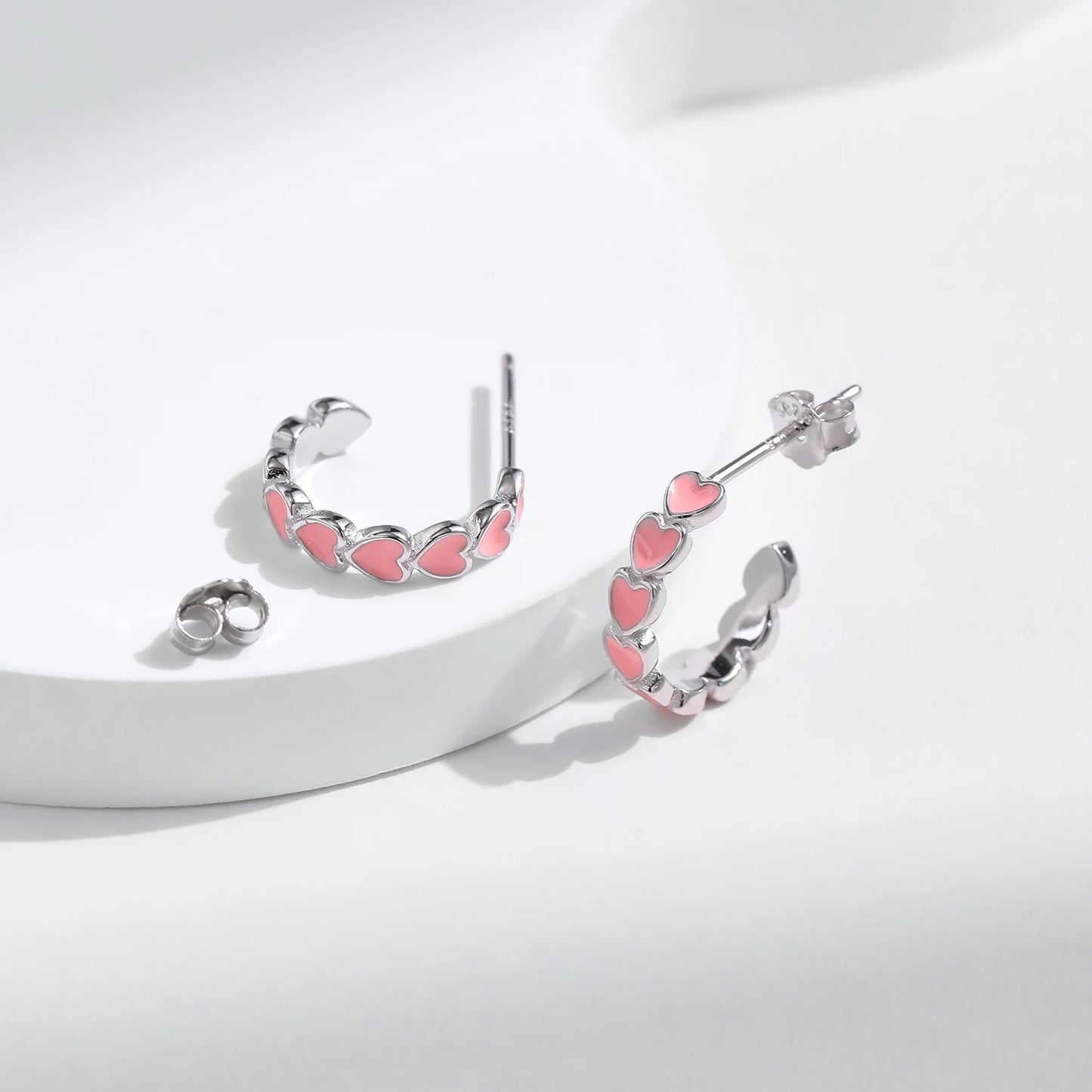 Pendientes MODIAN de plata de ley 925 con forma de C y corazones románticos, esmalte rosa, joyería de amor para mujeres y niñas.