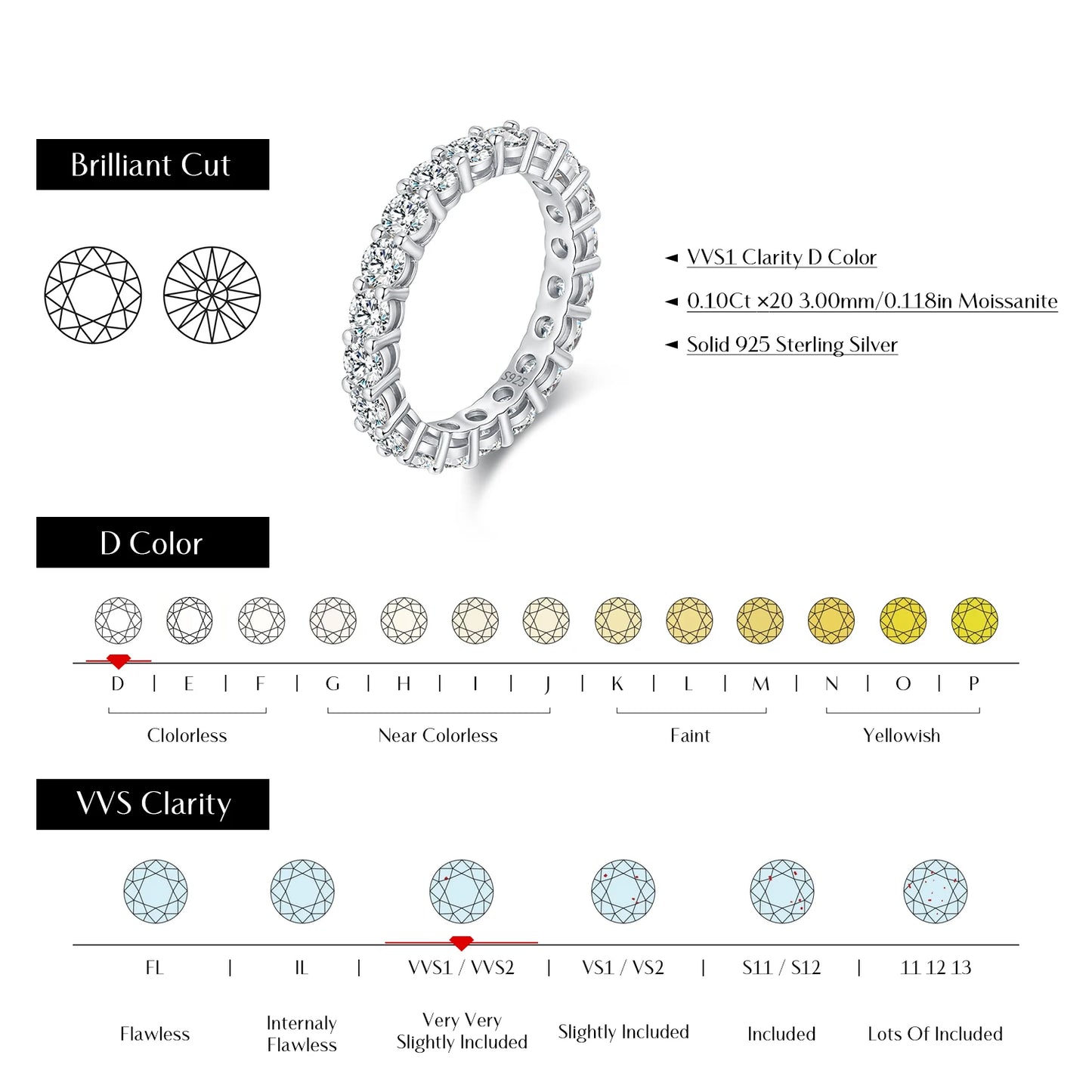 Anillo de eternidad de moissanita de color D de MODIAN, anillo de moda apilable de lujo de plata de ley 925 para mujer, joyería fina