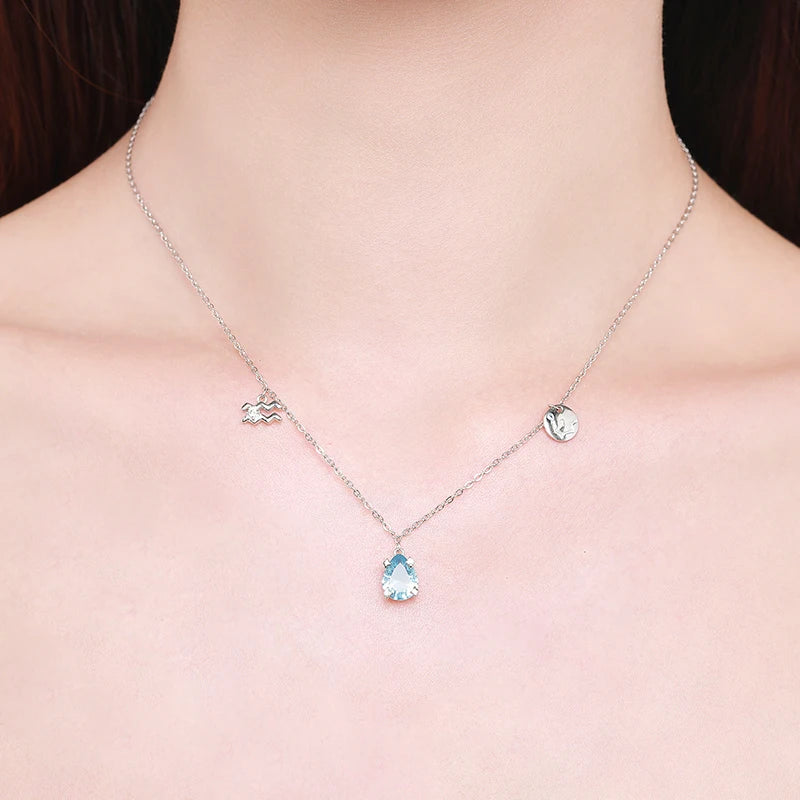 Collar Modian de plata de ley 925 auténtica con circonita azul marino y cadena de eslabones de la constelación de Acuario para mujer, joyería de fiesta.