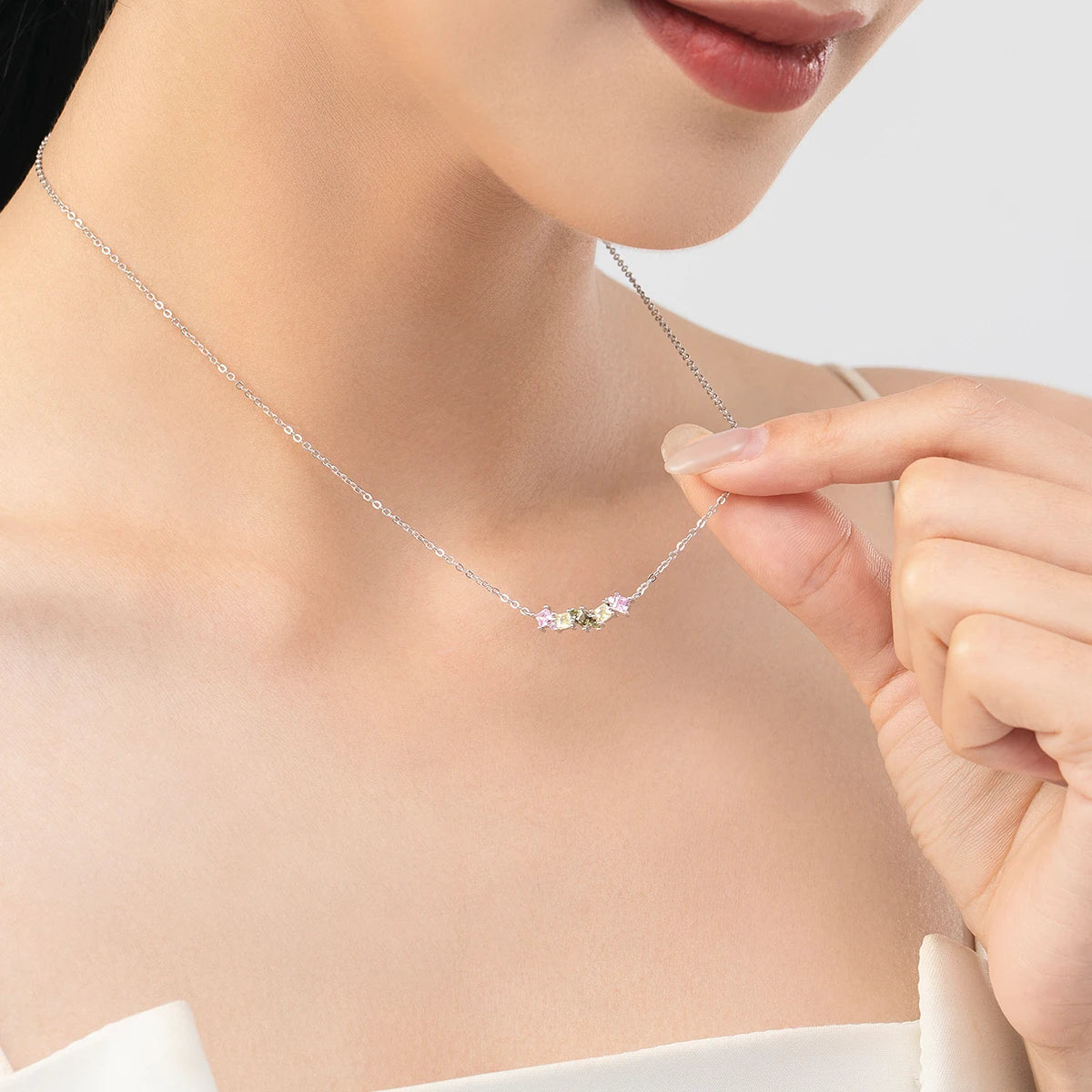 MODIAN 925 Sterling Silver Rainbow Candy Square Zirconia Pendant Necklace Trendy Link Chain For Women Party Fine Jewelry Gifts