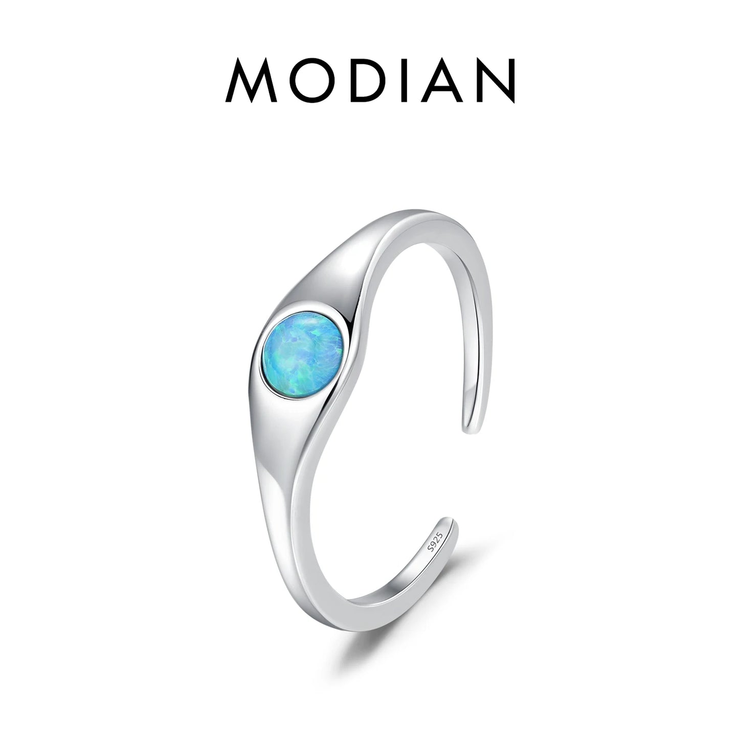 Anillo minimalista de plata de ley 925 MODIAN con ópalo brillante y redondo, ajustable y liso, ideal como regalo de joyería fina para mujer.