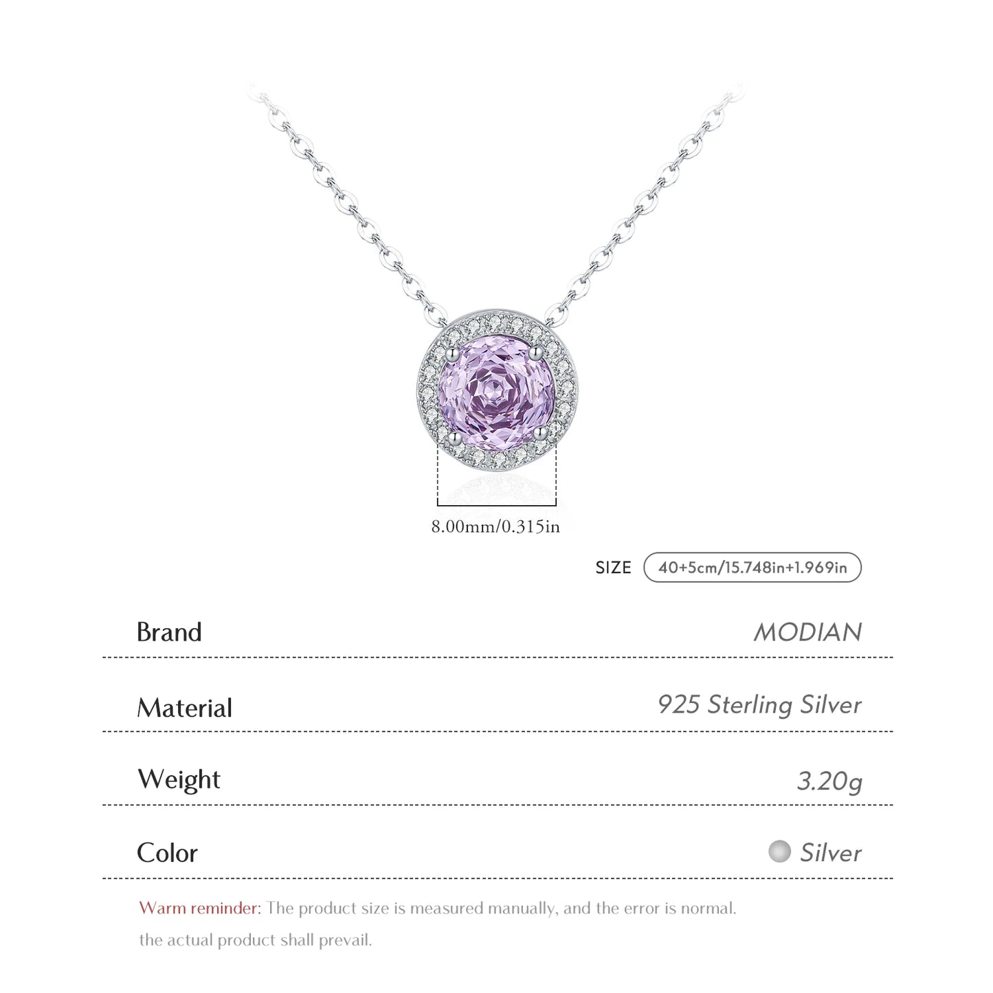 Collar MODIAN de plata de ley 925 con circonitas brillantes de corte redondo y color lavanda para mujer.