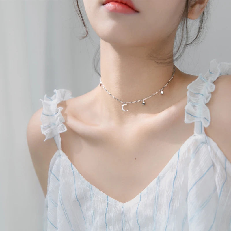 Gargantilla con colgante de luna y estrellas de Modian, collar clásico de lujo en plata de ley 925, joyería brillante para mujer.