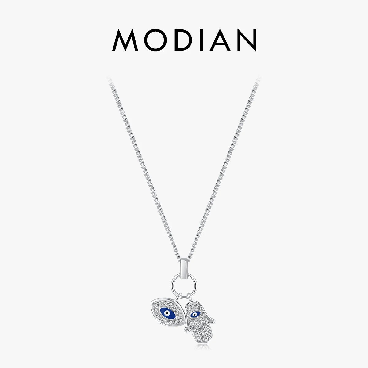 Collar con colgante de circonita transparente con ojos de la mano de Fátima de MODIAN en plata de ley 925, cadena de la suerte para mujer, joyería fina