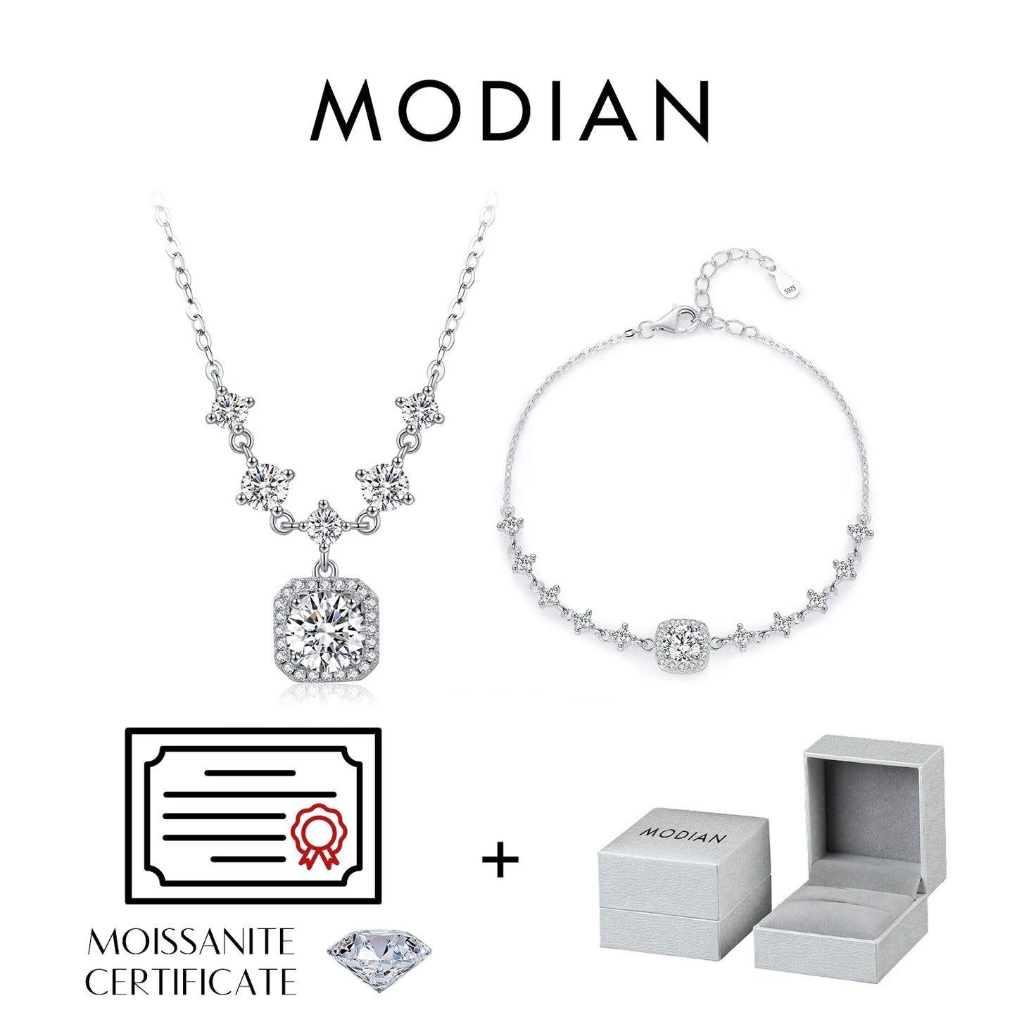 Collar y pulsera con dije geométrico de lujo de plata de ley 925 de moissanita color D de MODIAN para mujer, conjunto de joyas de boda con estilo