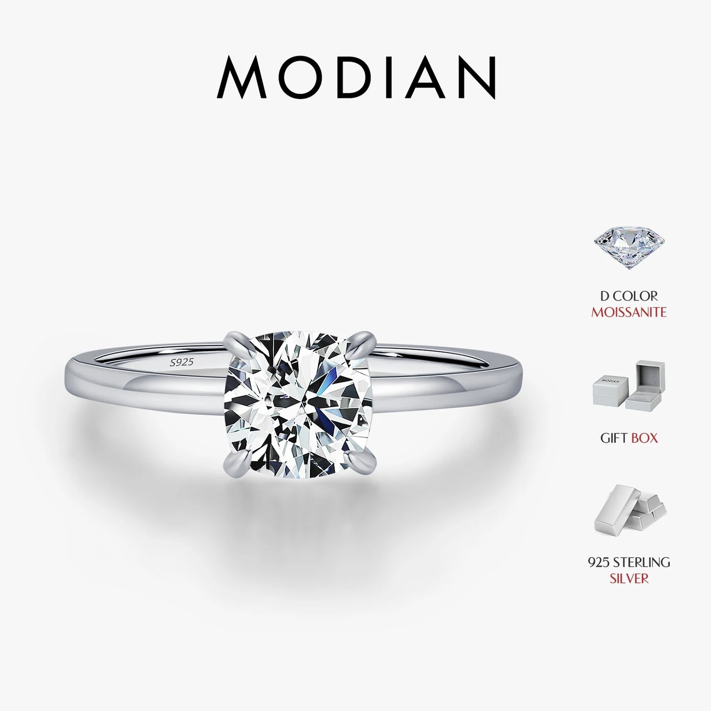 Anillo de moissanita MODIAN de 1 quilates, delicado anillo de diamantes de laboratorio de corte cojín cuadrado, plata de ley 925, joyería de boda para mujer