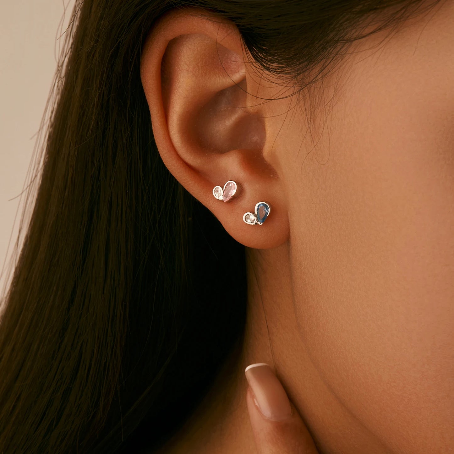 Conjunto de joyas MODIAN de plata de ley 925 con pequeños corazones románticos de circonita azul y rosa para mujer, anillos y pendientes de moda.