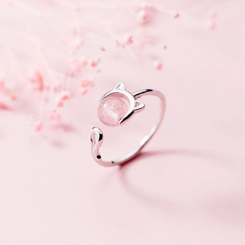 Anillo ajustable abierto con cara de gato de cristal rosa de Modian para mujer, anillo de plata de ley 925, joyería fina