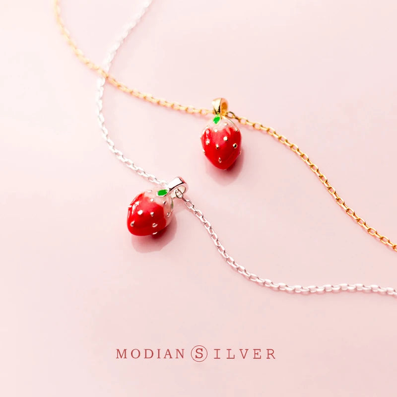 Collar con colgante de fresa Modian para mujer, de plata de ley 925 auténtica, color dorado, joyería fina