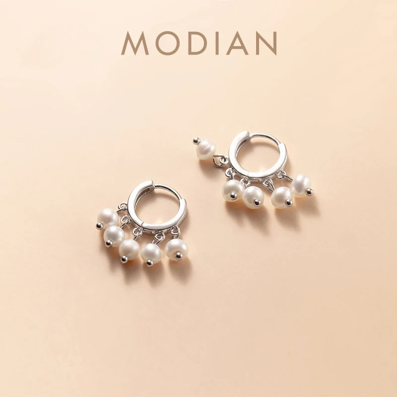 Modian 100% 925 Sterling Silver Charm Circle Elegant Swing Pearl Female Hoop Earrings For Women Wedding Engagement Jewelry