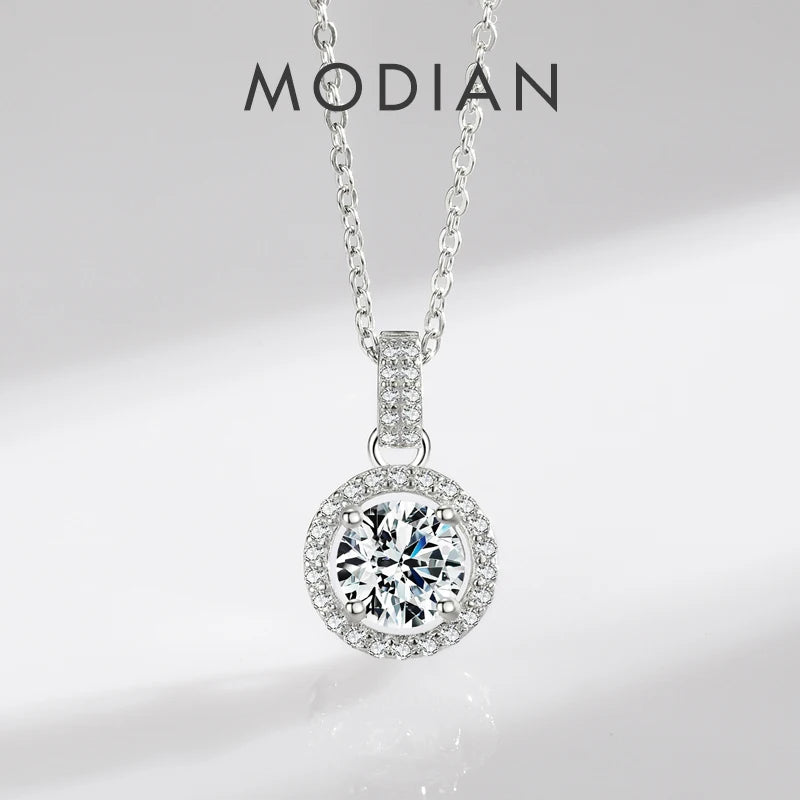 Collar con colgante de circonita cúbica redonda Modian de plata de ley 925 con baño de platino, joyería clásica para mujer, regalo de boda.
