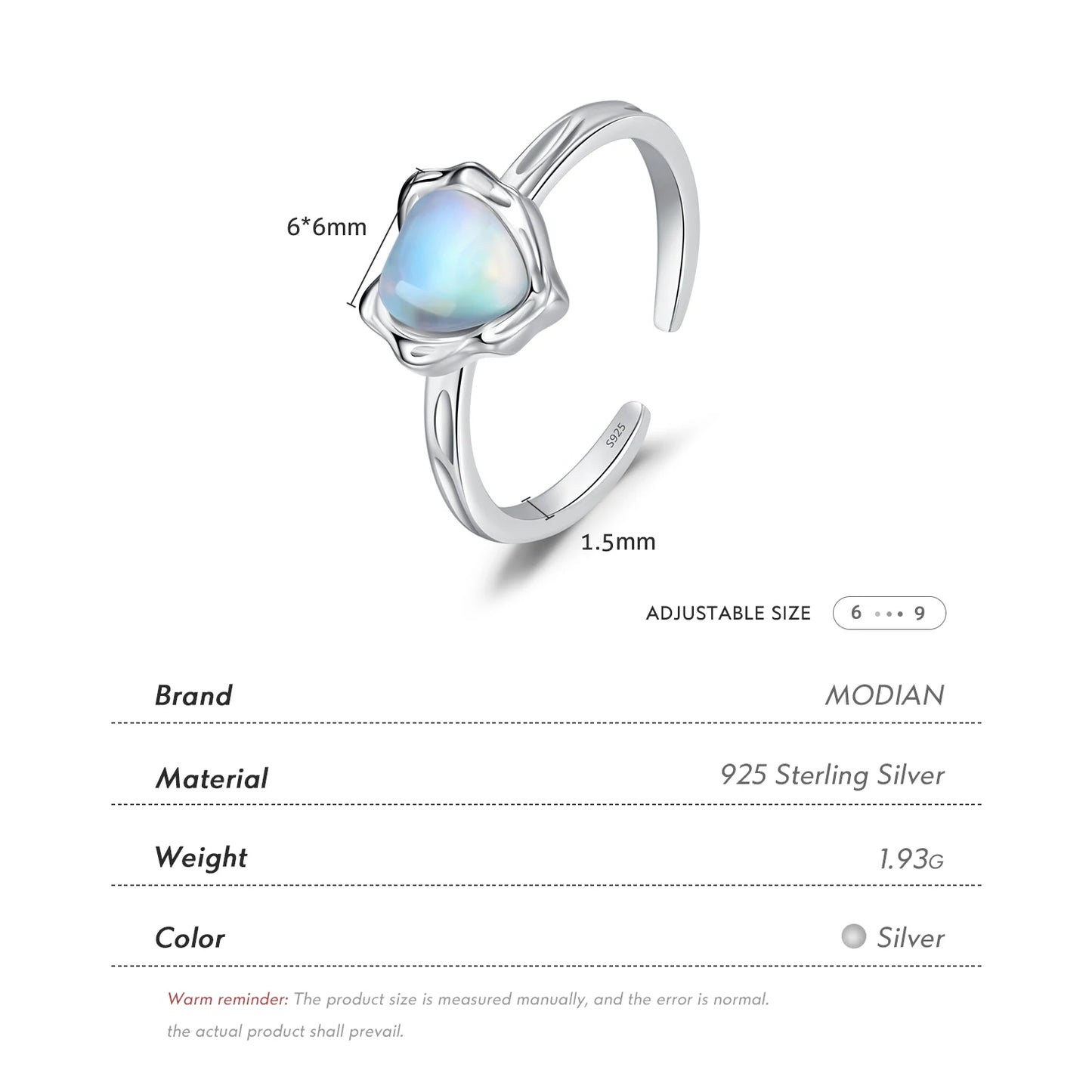 Anillos ajustables MODIAN de plata de ley 925 con piedra lunar brillante y exquisito para mujer, anillos de moda con forma de corazón, talla libre, joyería fina.