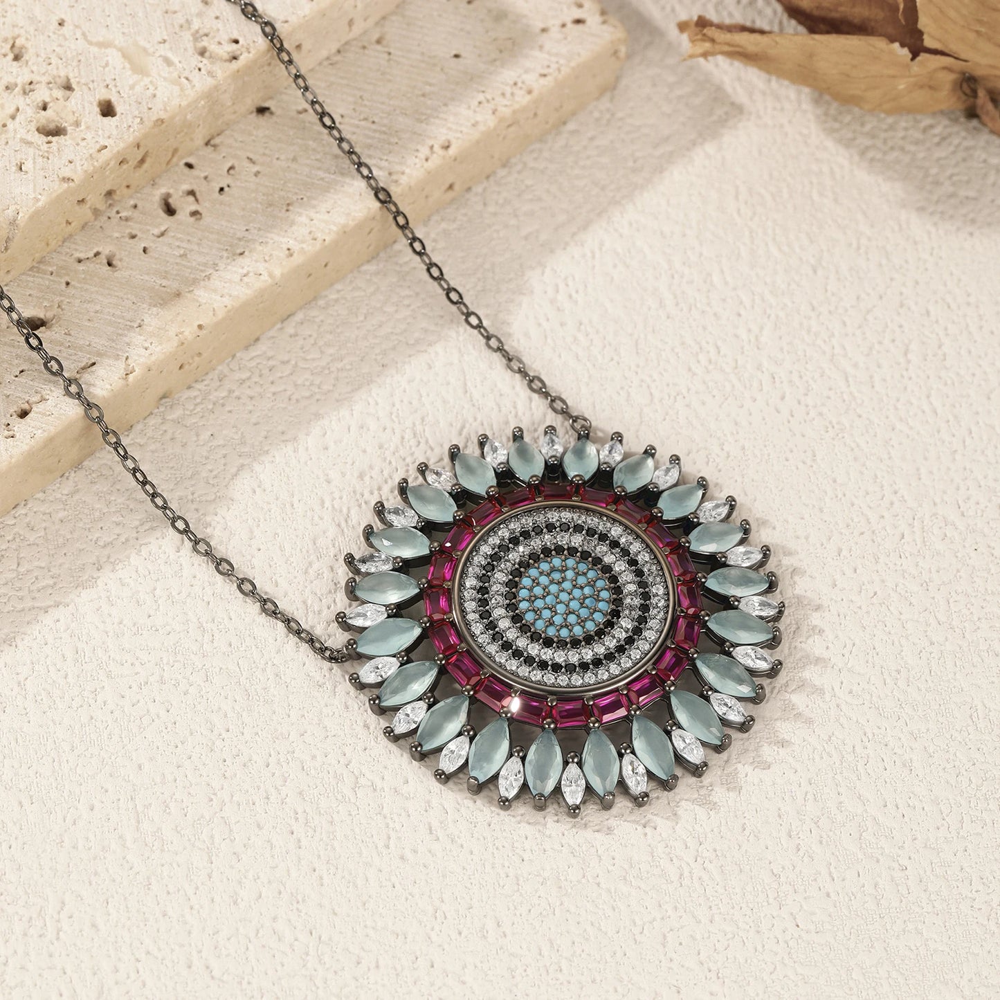 MODIAN 925 Sterling Silver Luxury Round Colorful Big Pendant Necklace Classic Black Mosaic Style Jewelry For Women Gifts