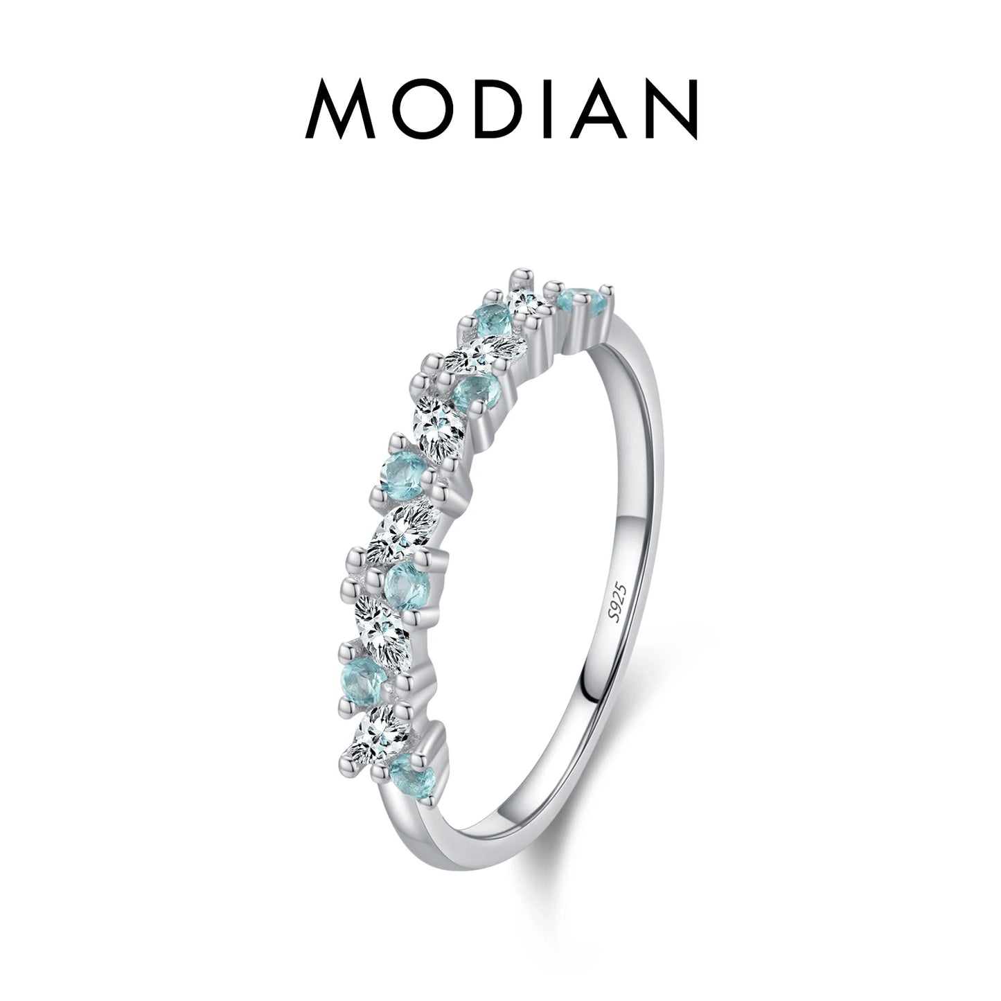 Anillo MODIAN de plata de ley 925 con circonita cúbica color Paraiba, apilable, color verde menta, para mujer, joyería fina