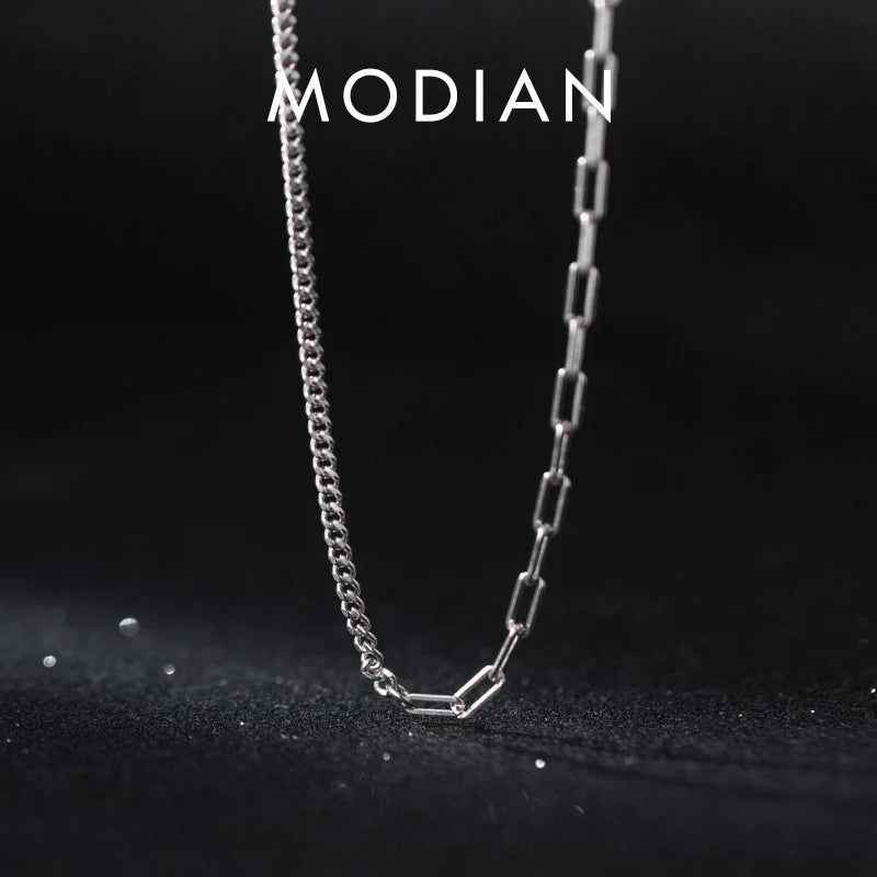 Collar de cadena asimétrica Modian, de plata de ley 100 % 925, sencillo, para mujeres y niñas, accesorios de joyería.