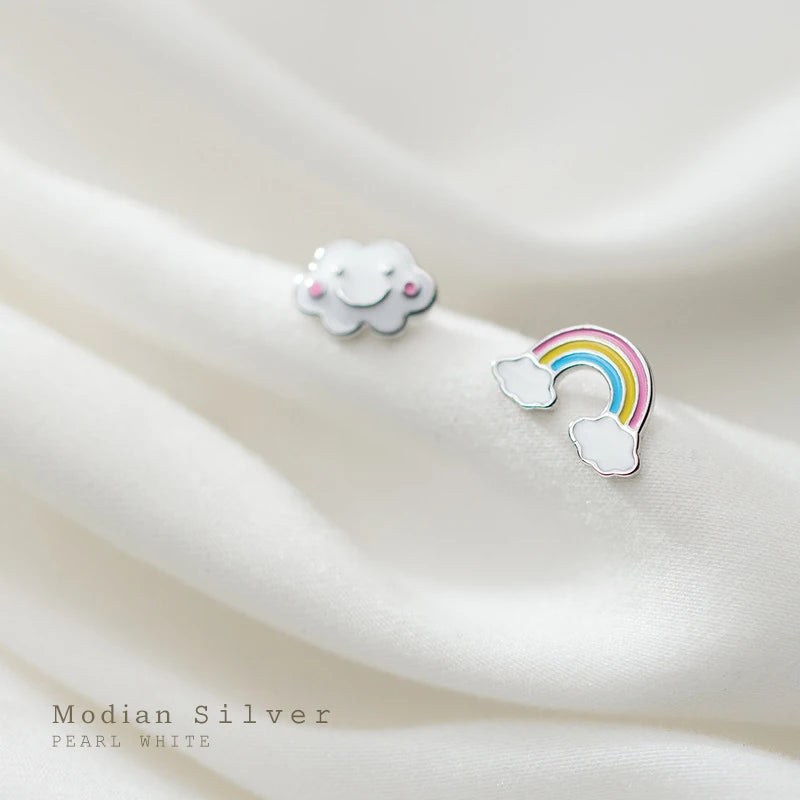 MODIAN - Pendientes asimétricos con diseño de nubes arcoíris y esmalte colorido para mujer, plata de ley 925, joyería fina, regalo para niños