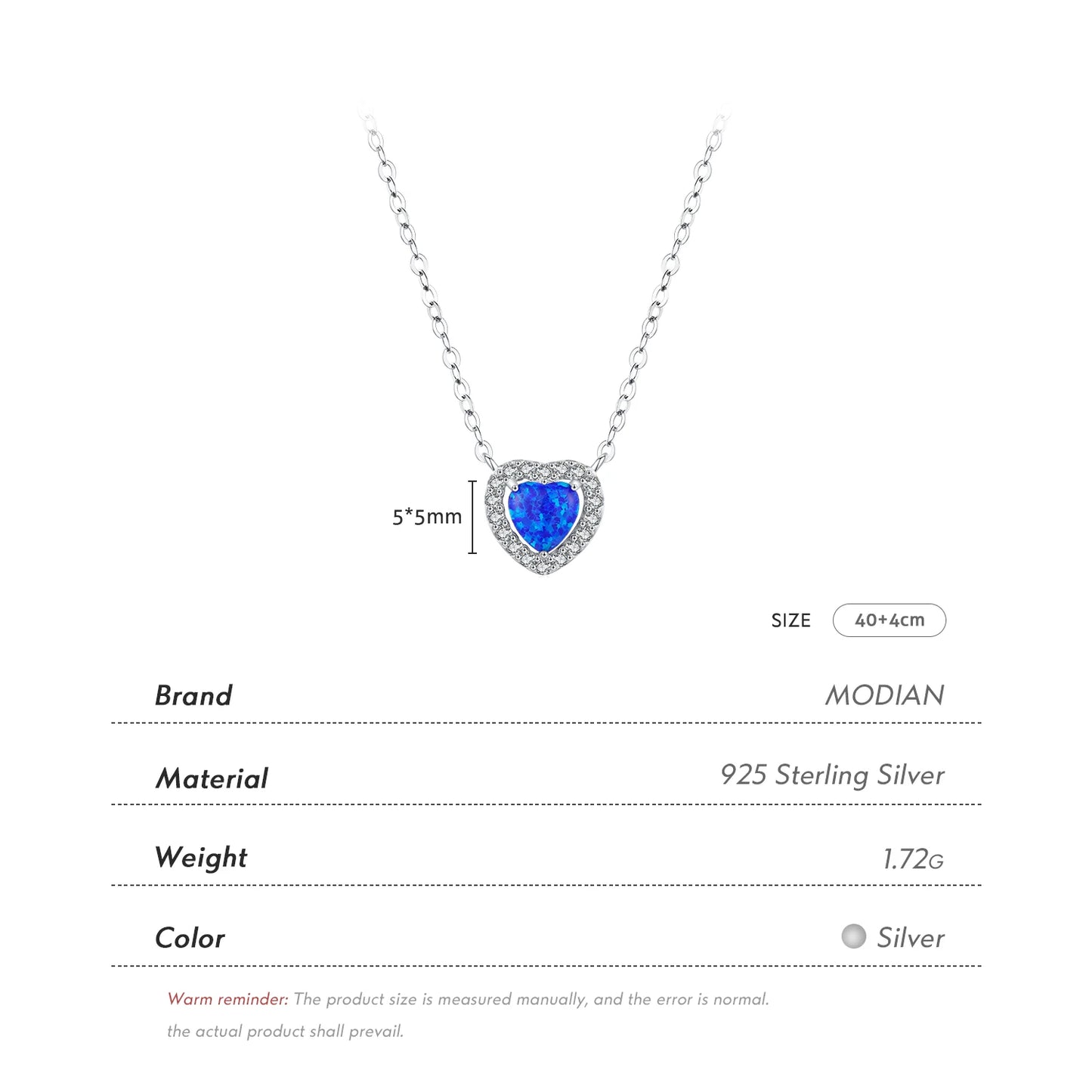 Collar con colgante de corazón de ópalo azul de MODIAN en plata de ley 925 auténtica para mujer, joyería fina, regalo romántico de aniversario.