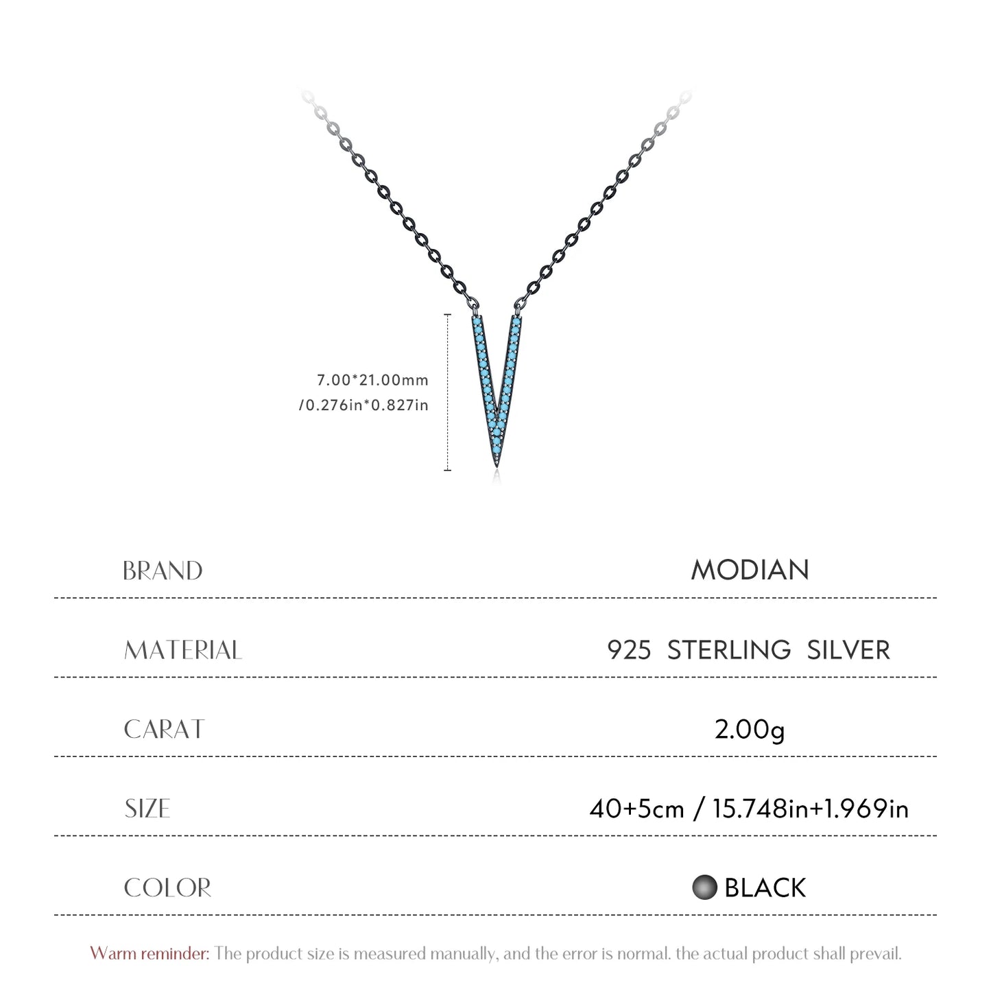 MODIAN 925 Sterling Silver V Shape Synthetic Turquoise Pendant Necklace Punk Black Sytle Stackable Necklace For Women Jewelry