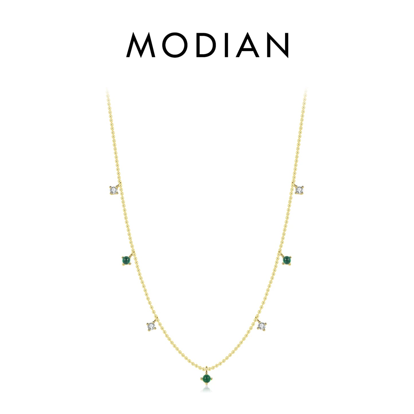 MODIAN Real 925 Sterling Silver Charm Green CZ Round Small Pendant Necklace Trendy Link Chain For Women Anniversary Jewelry Gift