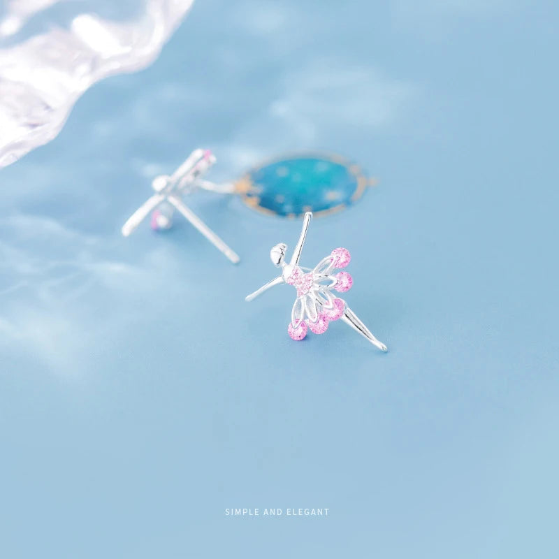 MODIAN - Pendientes de botón con diseño de hada de ballet y cristal rosa para mujer, plata de ley 925, joyería fina