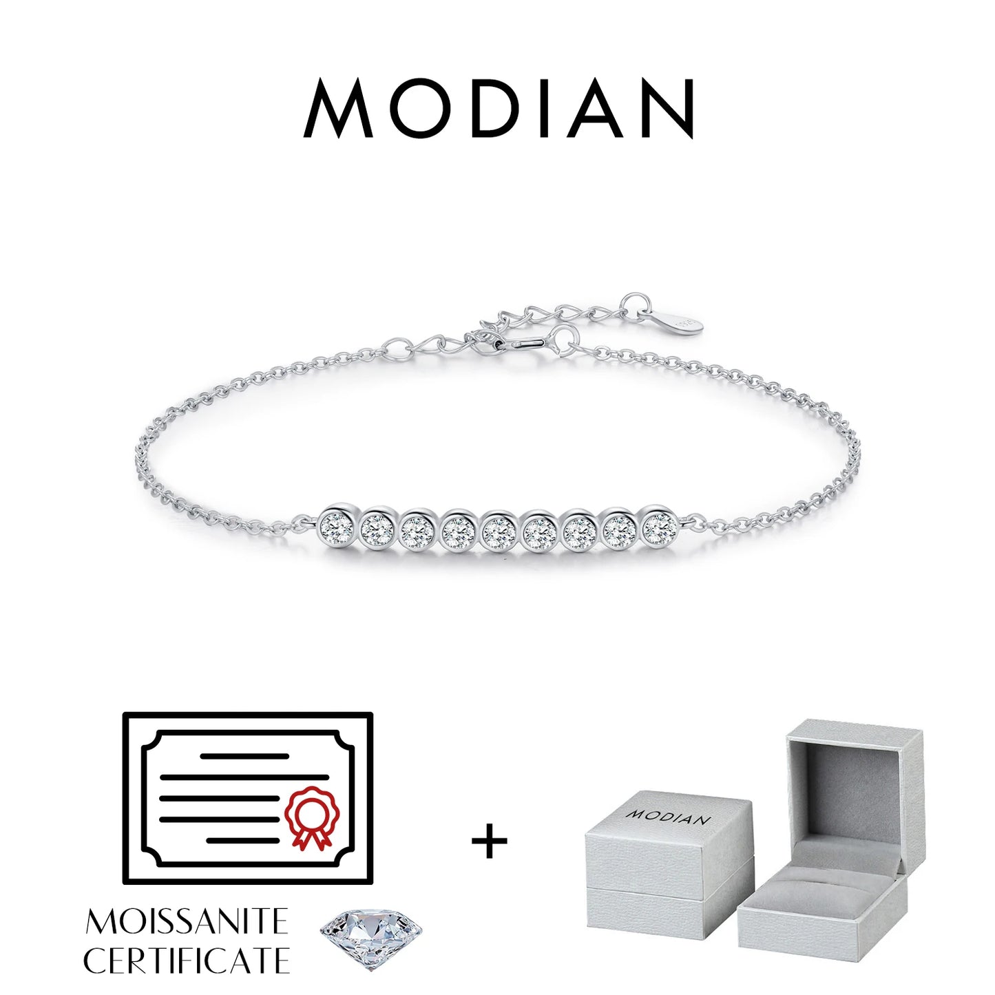 Pulsera sencilla de plata de ley 925 con moissanita de color D de MODIAN, cadena de eslabones con diamantes de laboratorio redondos, joyería para mujer, regalo de boda de lujo