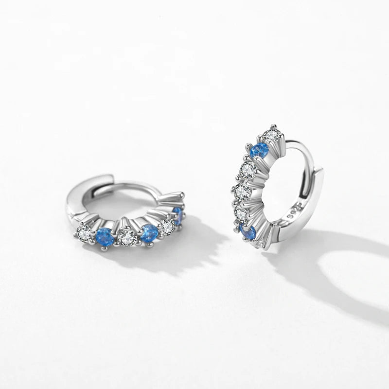 Pendientes de aro Modian de plata de ley 925 auténtica con circonitas azules brillantes, diseño original para mujer, joyería fina.