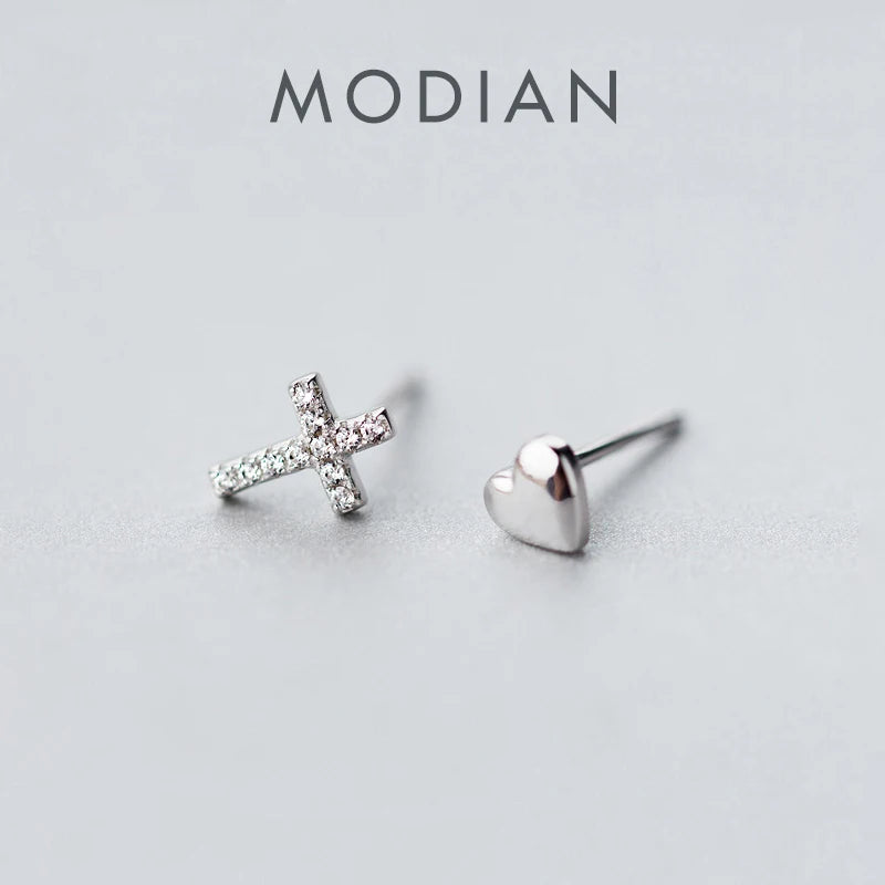 Pendientes pequeños con forma de cruz de Modian, circonita cúbica transparente, con forma de corazón, de amor y fe, de moda para mujer, brillantes, de plata de ley 925, joyería fina con dijes