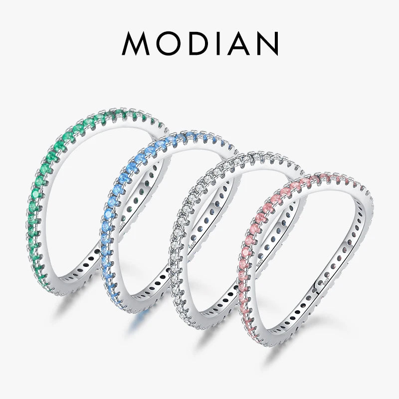 Anillo de eternidad MODIAN de plata de ley 925 con circonitas cúbicas multicolores y diamantes simulados para mujer, joyería de boda con ondas irregulares a la moda