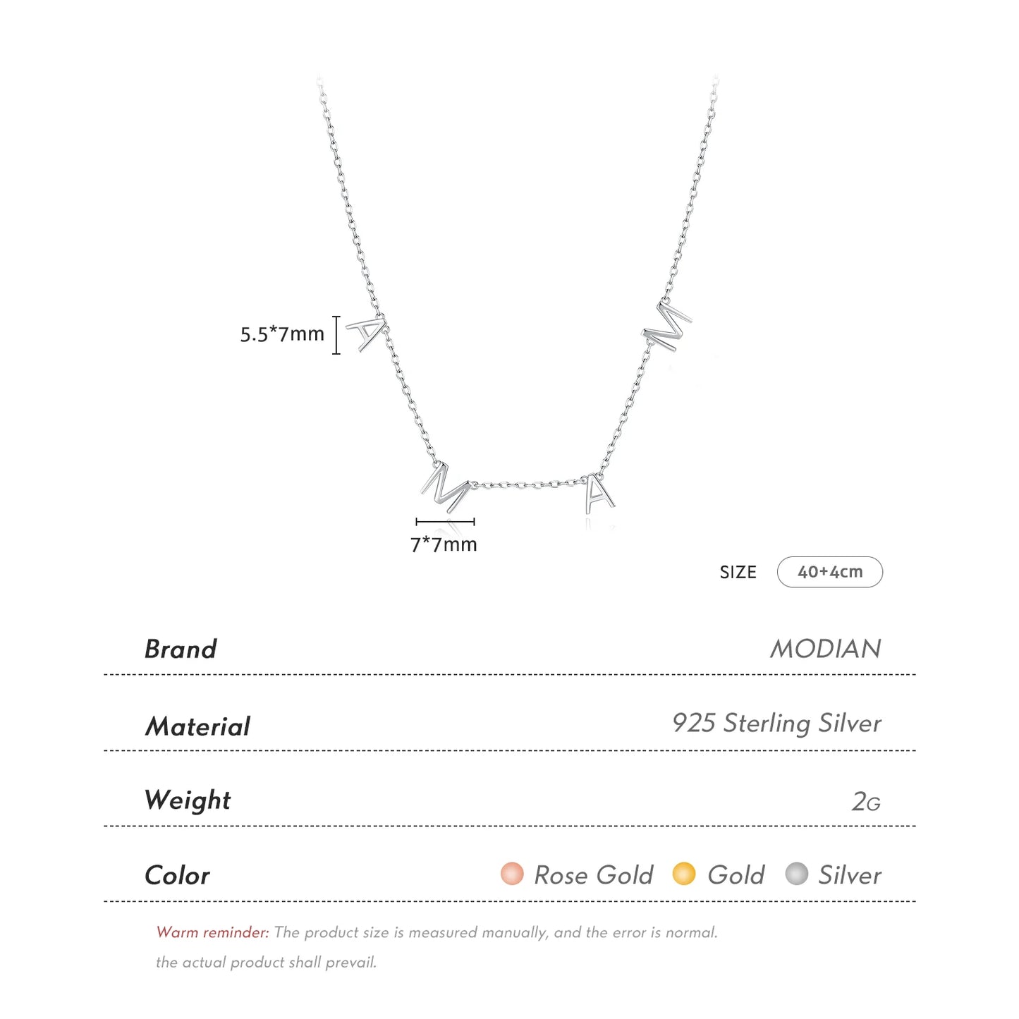 Collar con colgante clásico de MAMA de MODIAN en plata de ley 925, color oro rosa brillante, para mujer, joyería fina, regalo