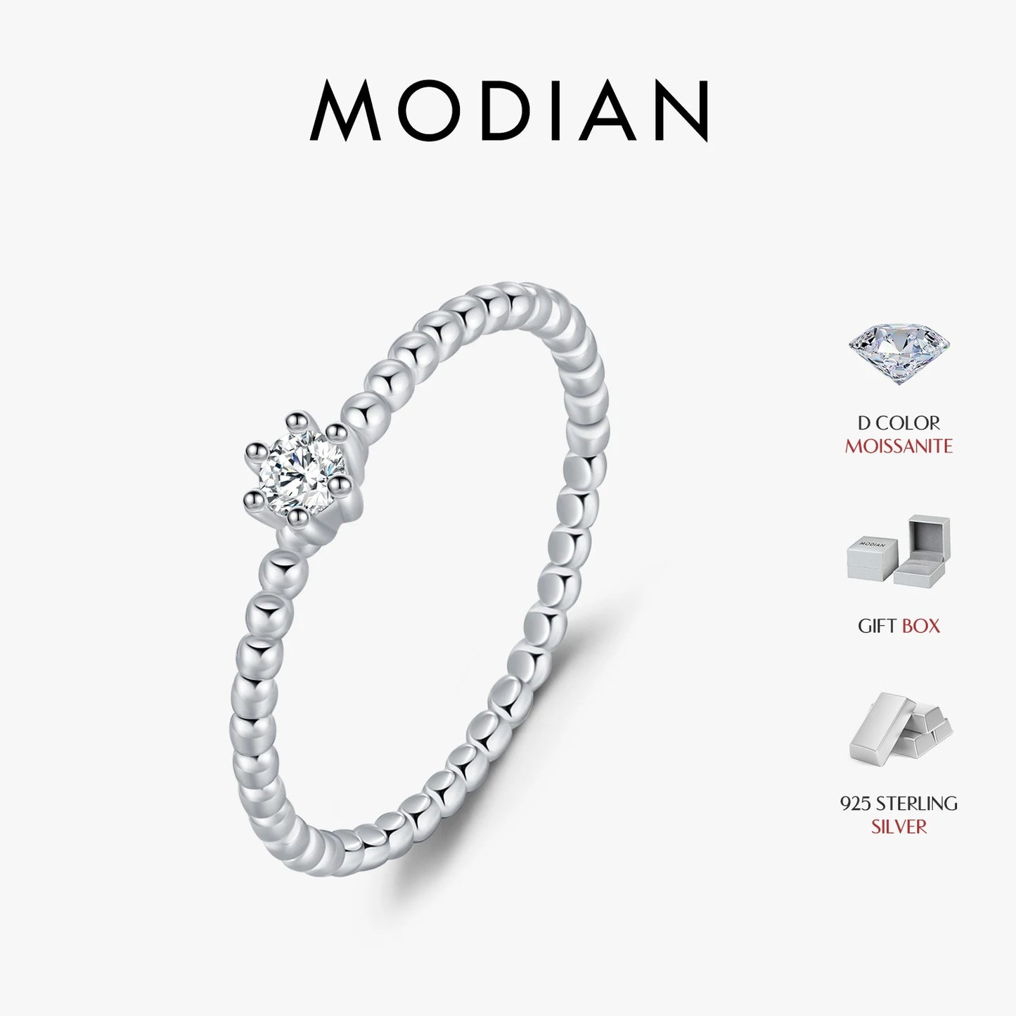 Anillos de moissanita redonda de color D de MODIAN con diamantes de laboratorio, plata de ley 925, cuentas clásicas simples, apilables, para mujer, joyería