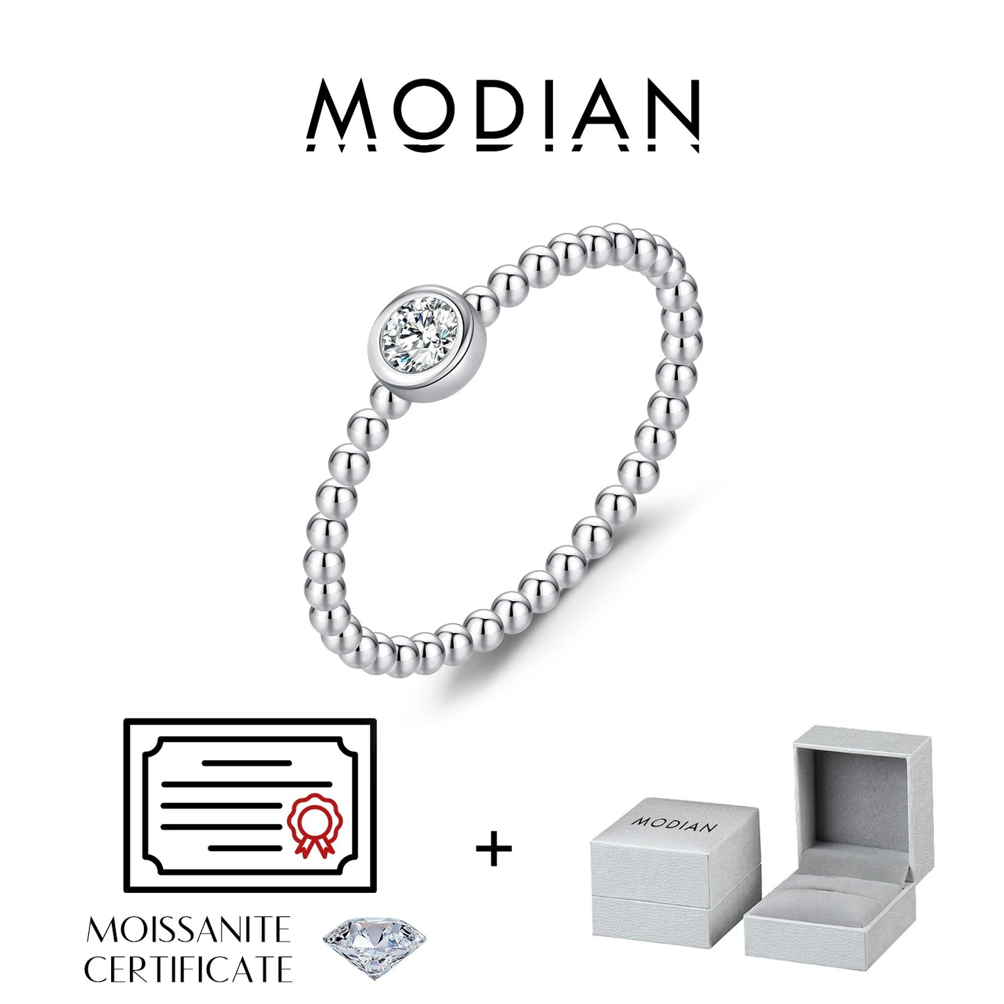 Anillo de moissanita con engaste de bisel de MODIAN, cuentas de plata de ley 925, anillos de dedo apilables de moda para mujer, joyería de diamantes de laboratorio