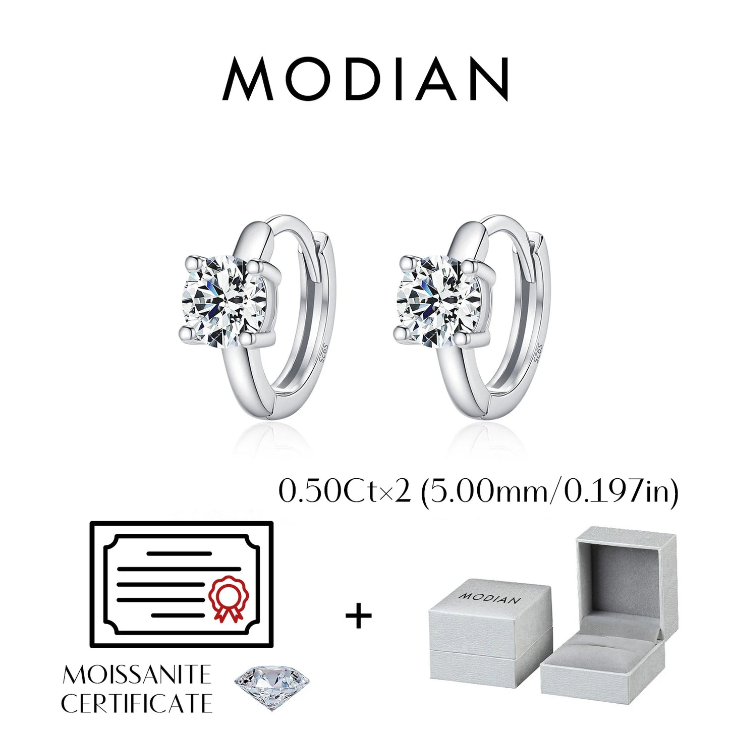 Pendientes de aro redondos clásicos MODIAN de moissanita de color D de 1CT/2CT con hebilla para mujer en plata de ley 925, joyería fina para bodas.