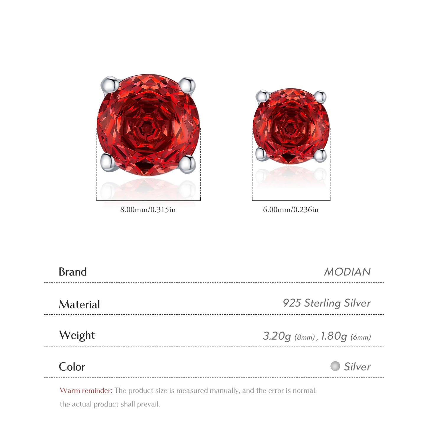 MODIAN Exquisite 925 Sterling Silver Charming Red Rose Cut Cubic Zirconia Round Stud Earrings For Women Party Fine Jewelry
