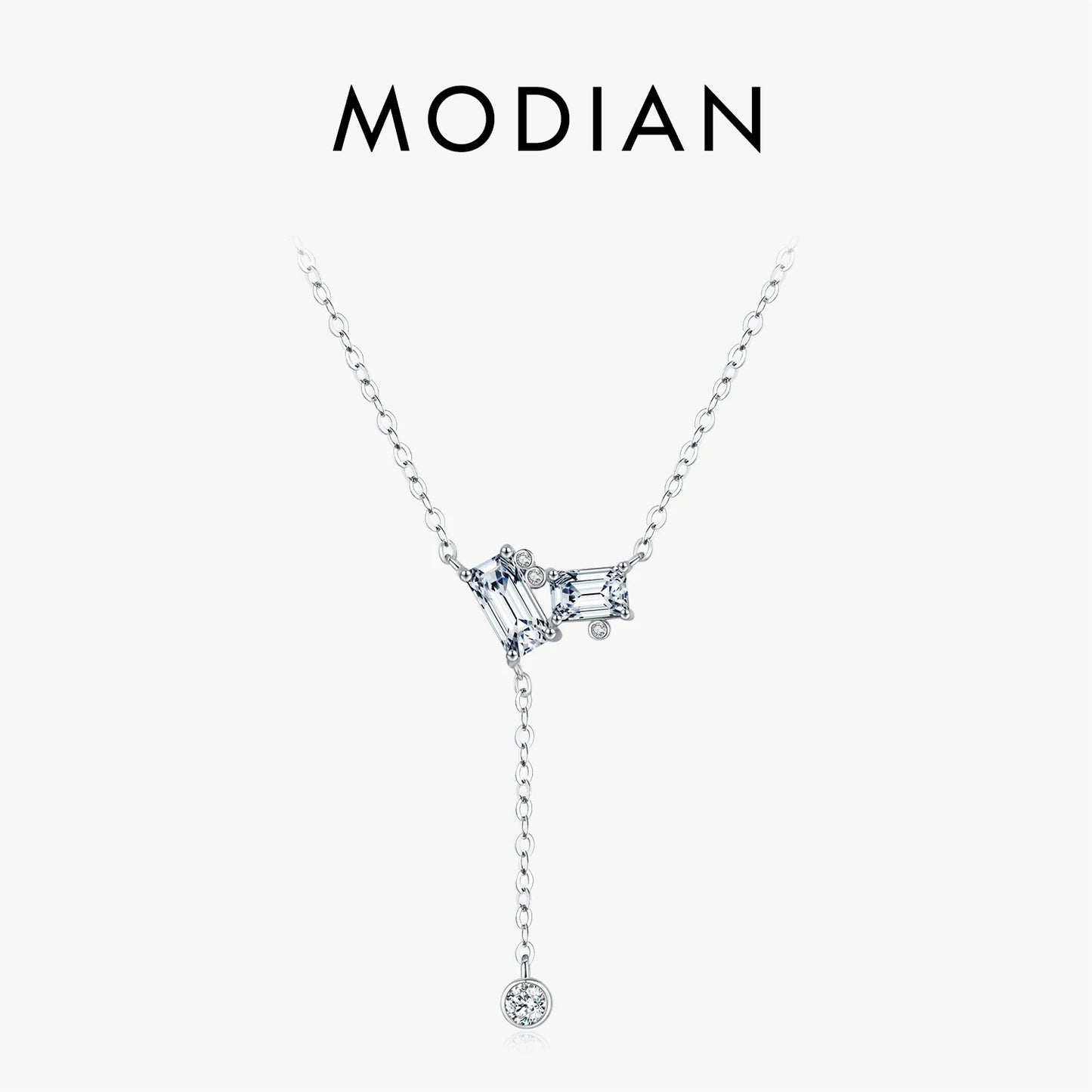 Collar con colgante en forma de Y de cadena de eslabones rectangulares de circonita cúbica transparente de MODIAN en plata de ley 925 para mujer, joyería fina