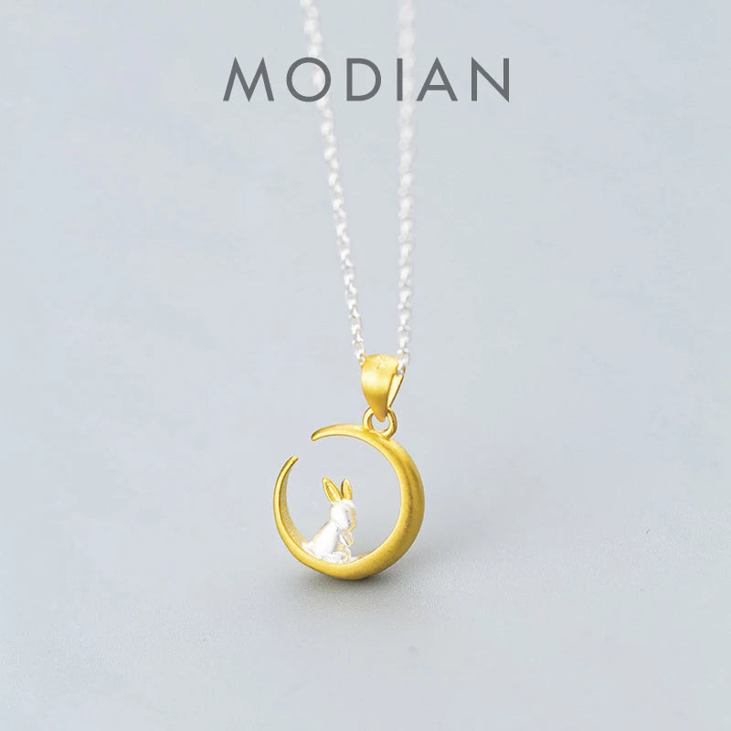 Colgante Modian de plata de ley 925 con forma de media luna dorada y bonito conejo para mujer, cadena de eslabones, joyería fina original, regalo para niña