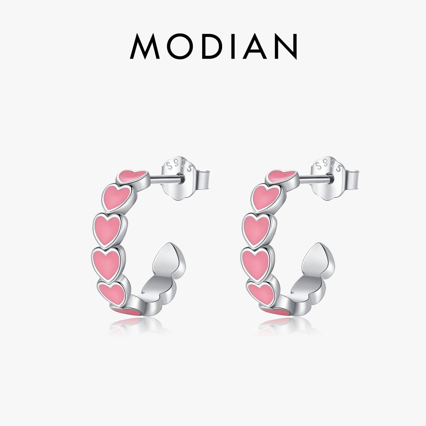 Pendientes MODIAN de plata de ley 925 con forma de C y corazones románticos, esmalte rosa, joyería de amor para mujeres y niñas.
