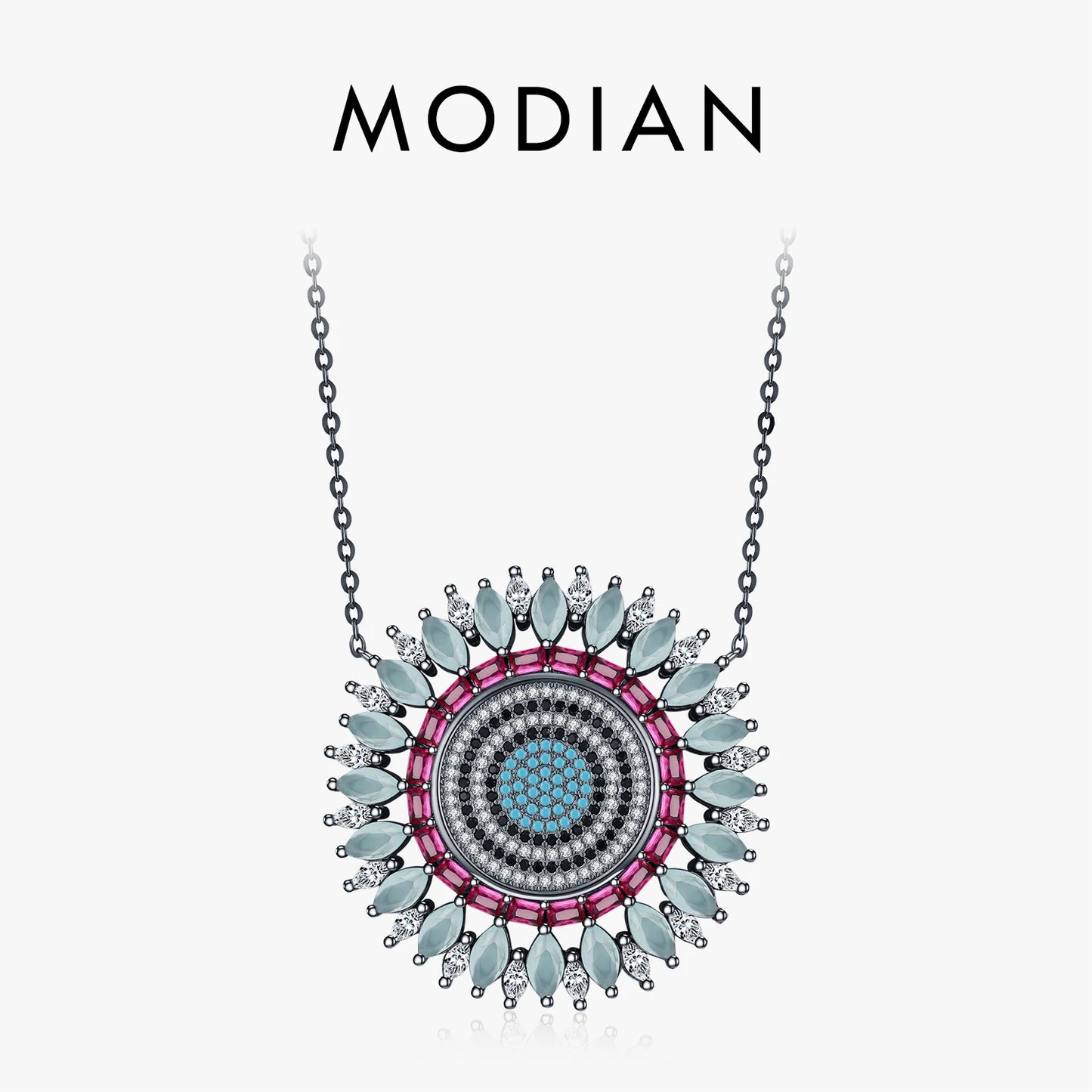 MODIAN 925 Sterling Silver Luxury Round Colorful Big Pendant Necklace Classic Black Mosaic Style Jewelry For Women Gifts