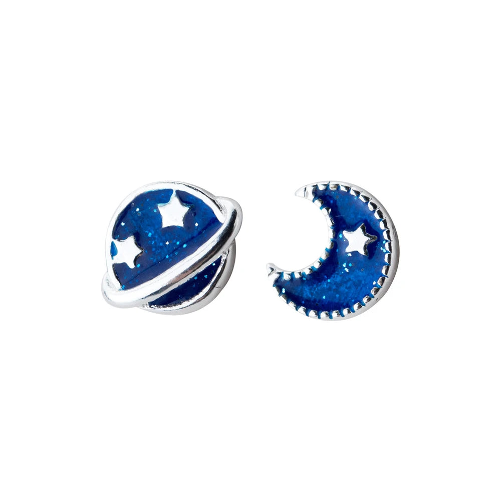 Pendientes de plata de ley 925 con diseño de estrella y luna esmaltados de Modian, con diseño de galaxia azul y planeta, para mujer, ideal como joyería de fiesta o para bodas.