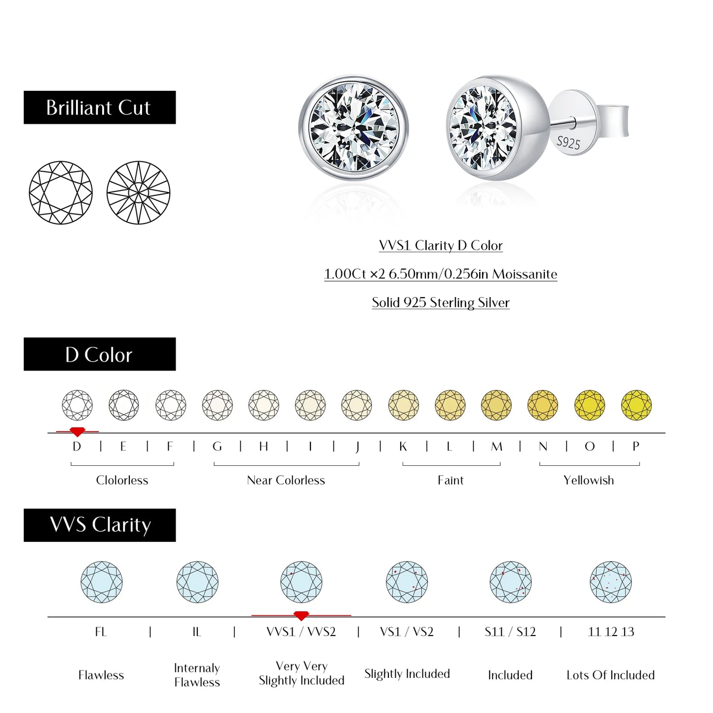 Pendientes MODIAN de moissanita con bisel de color D de 1CT/2CT, plata de ley 925, redondos y clásicos, para mujer, joyería fina para bodas.