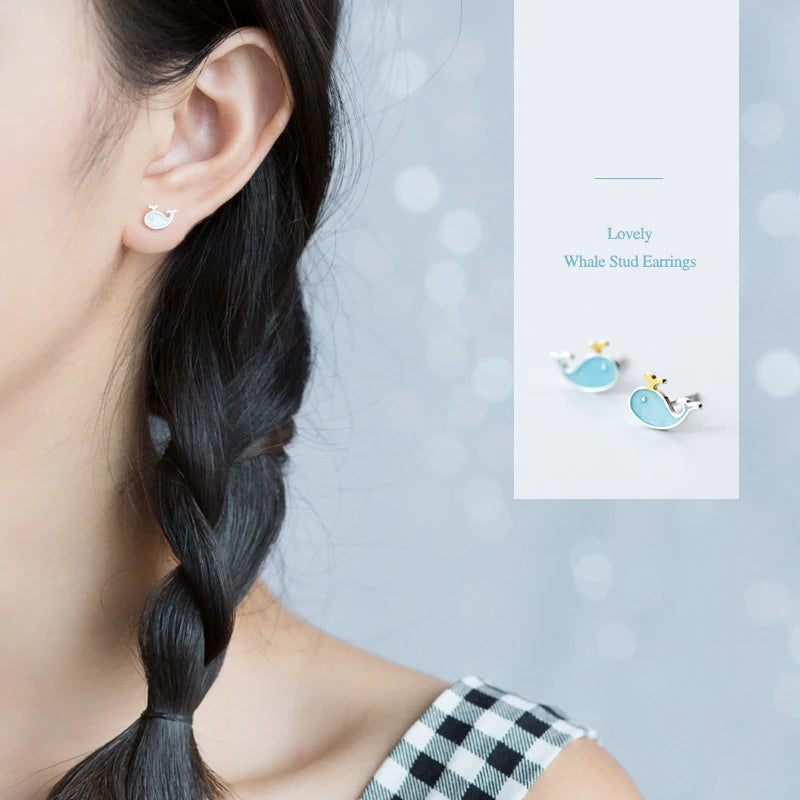 Pendientes Modian con forma de delfín esmaltado para mujer, de plata de ley 925, con forma de ballena, estilo coreano.