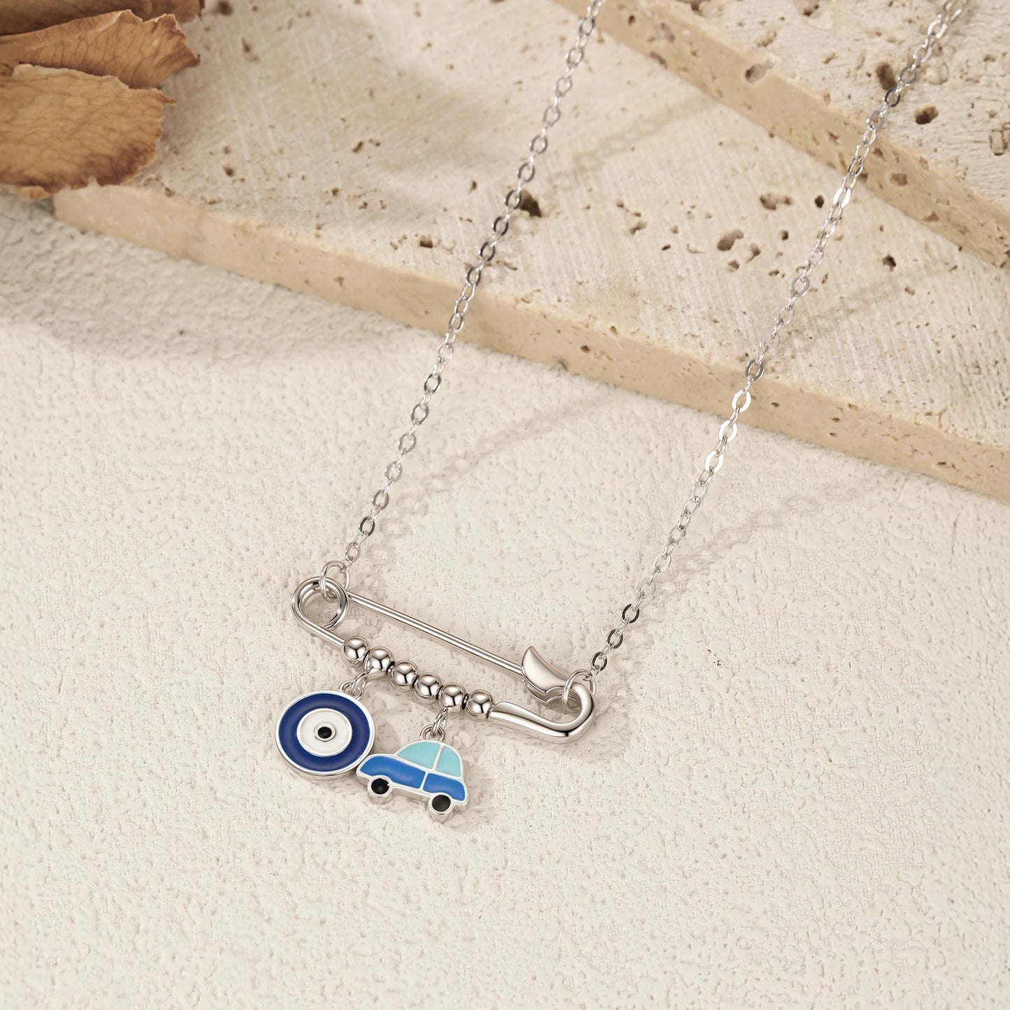 Collar con colgante de pin original de MODIAN en plata de ley 925 con esmalte azul, ojos y coche, joyería fina para mujer.