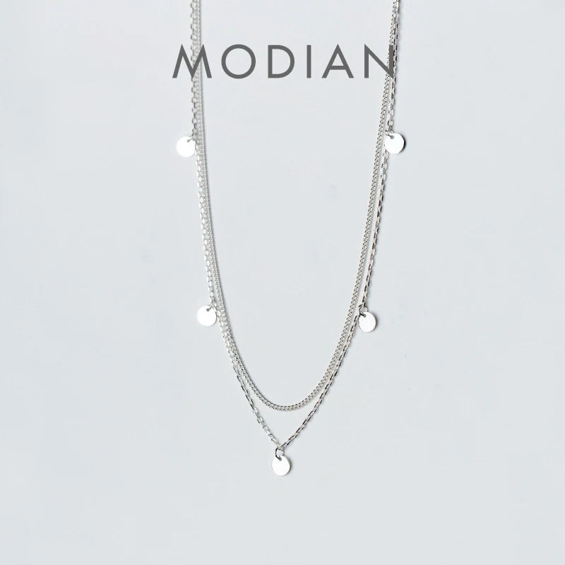 Collar con colgante de lentejuelas de doble capa de plata esterlina 925 auténtica de Modian Classic para mujer, collares ajustables, joyería fina